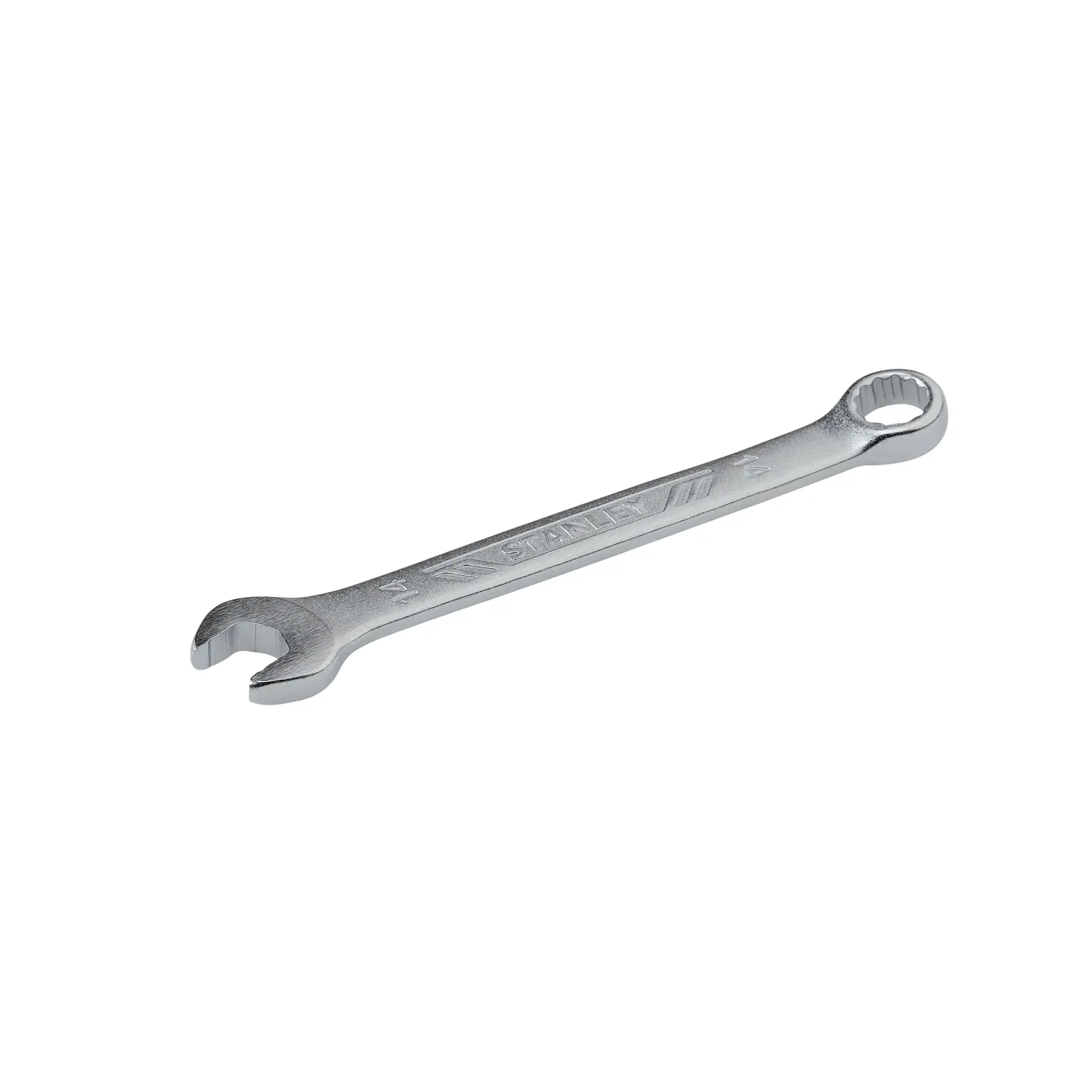 LLave combinada STANLEY STMT72811-8 plateada, vista lateral en ángulo sobre fondo blanco.