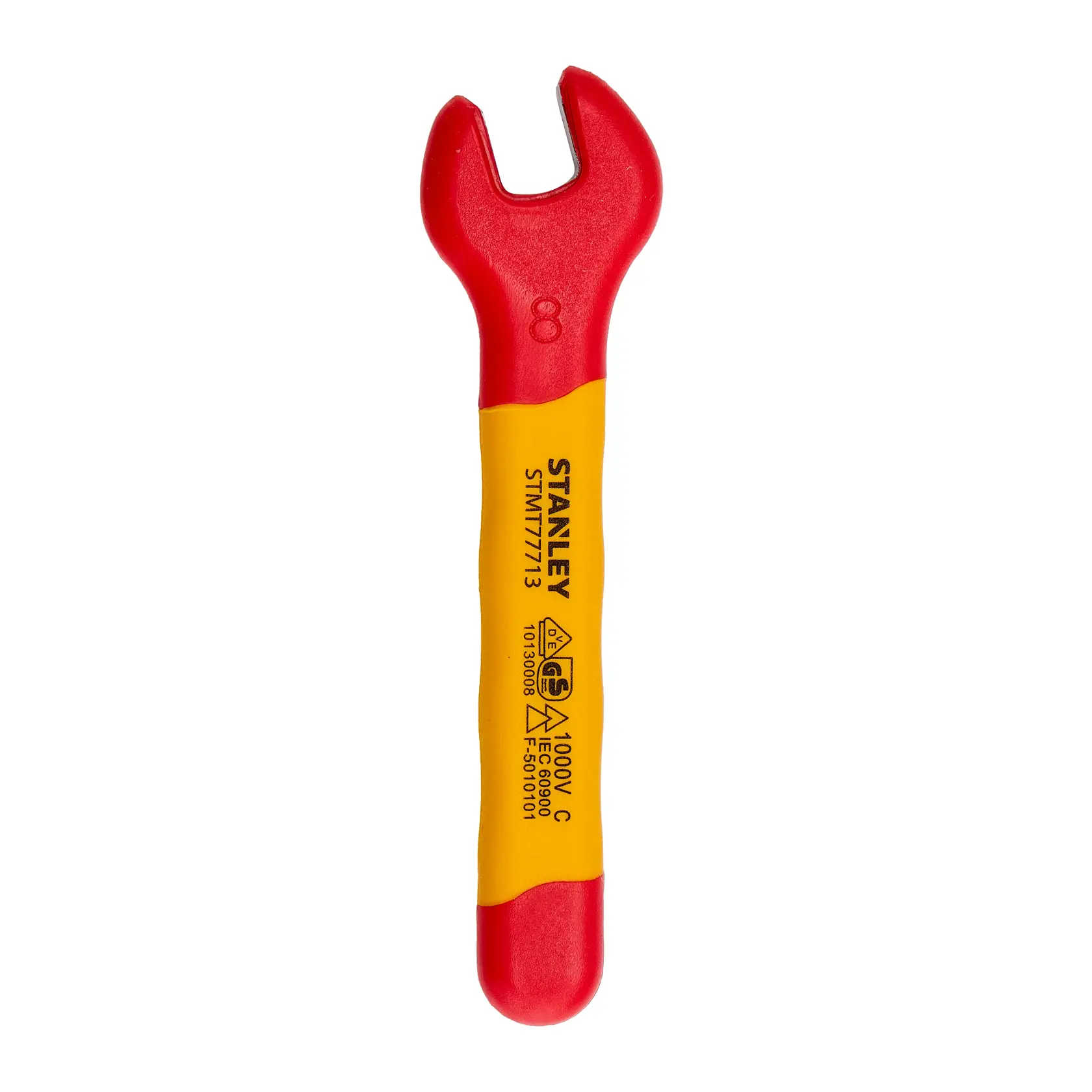 Chave fixa isolada STANLEY STMT77713-LA, vermelha e amarela, vista frontal em fundo branco.