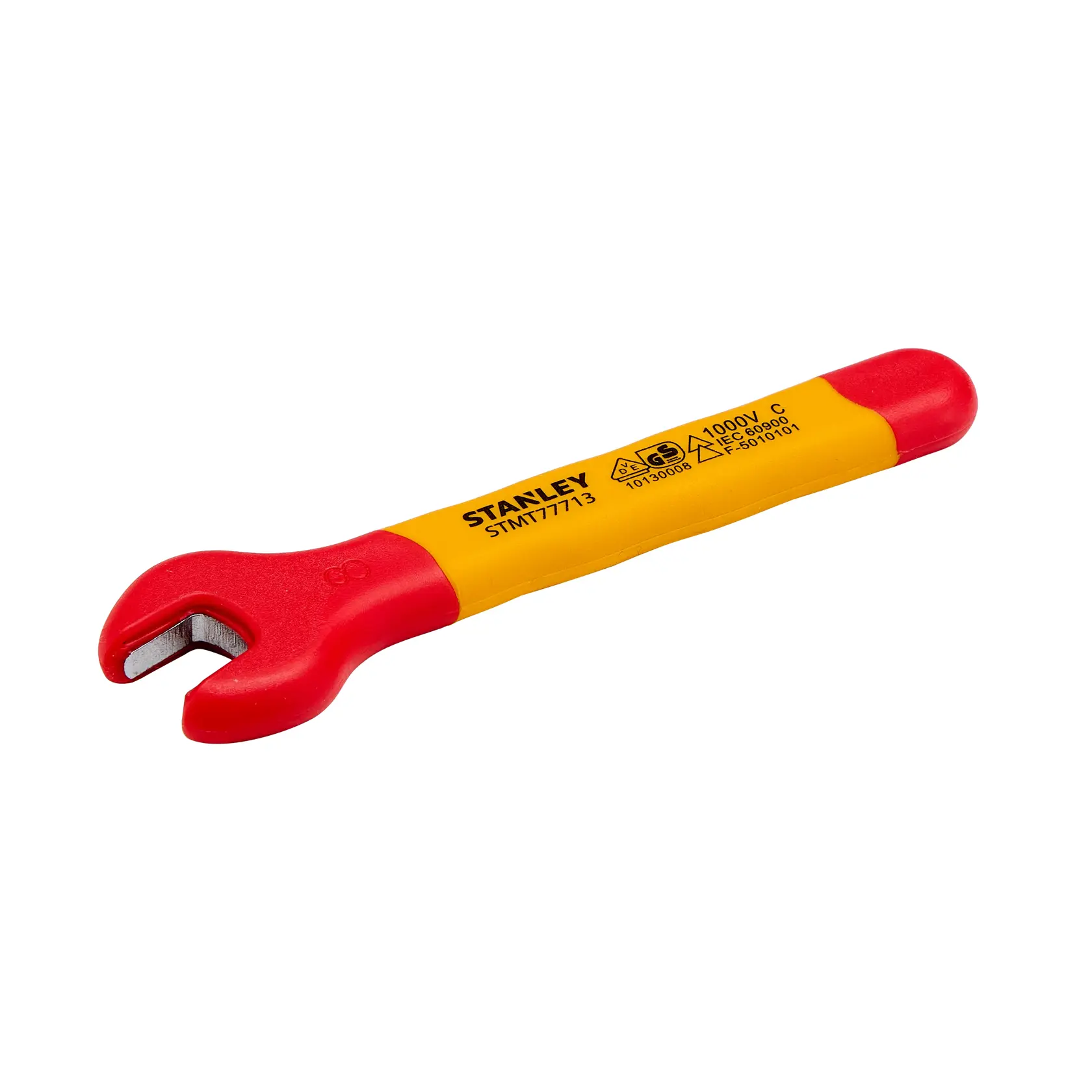 Chave de boca isolada STANLEY STMT77713-LA, cabo vermelho e amarelo, vista em ângulo esquerdo sobre fundo branco.