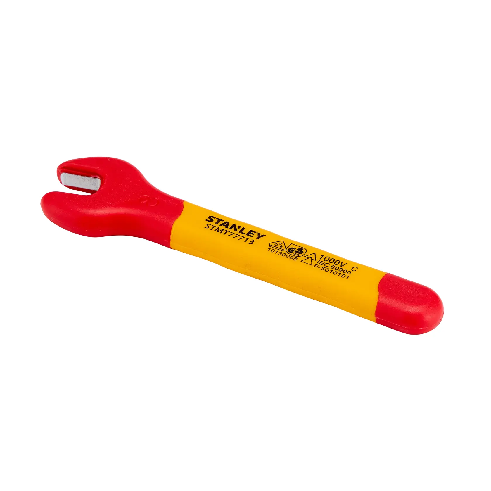 Chave de boca isolada STANLEY STMT77713-LA, cabo vermelho e amarelo, vista lateral em fundo branco.