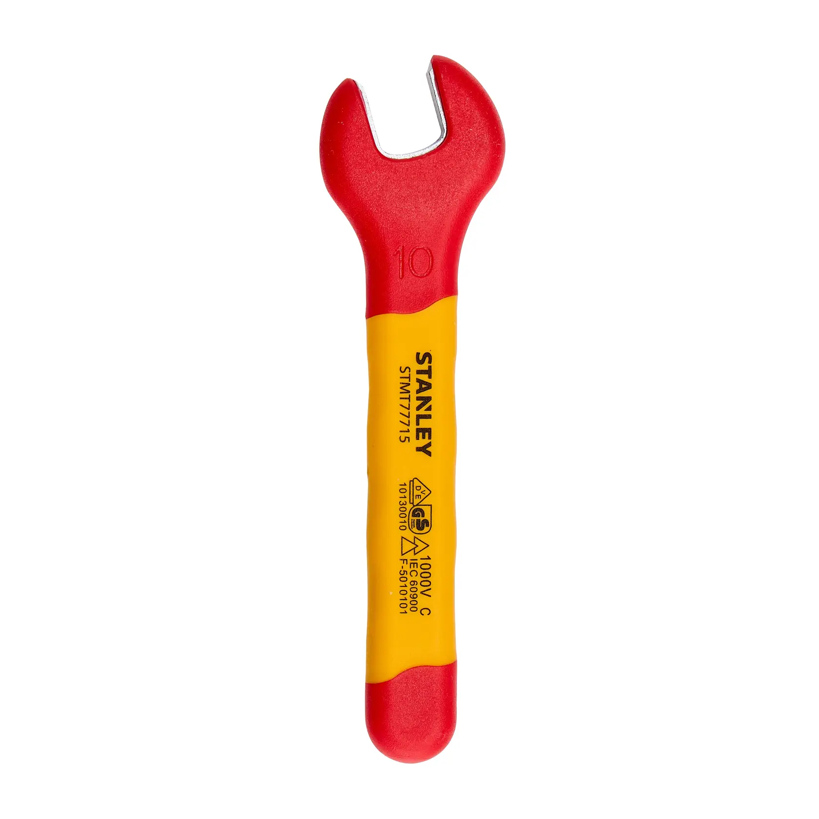 Chave fixa isolada STANLEY STMT77715-LA com cabo vermelho e amarelo, vista frontal em fundo branco.