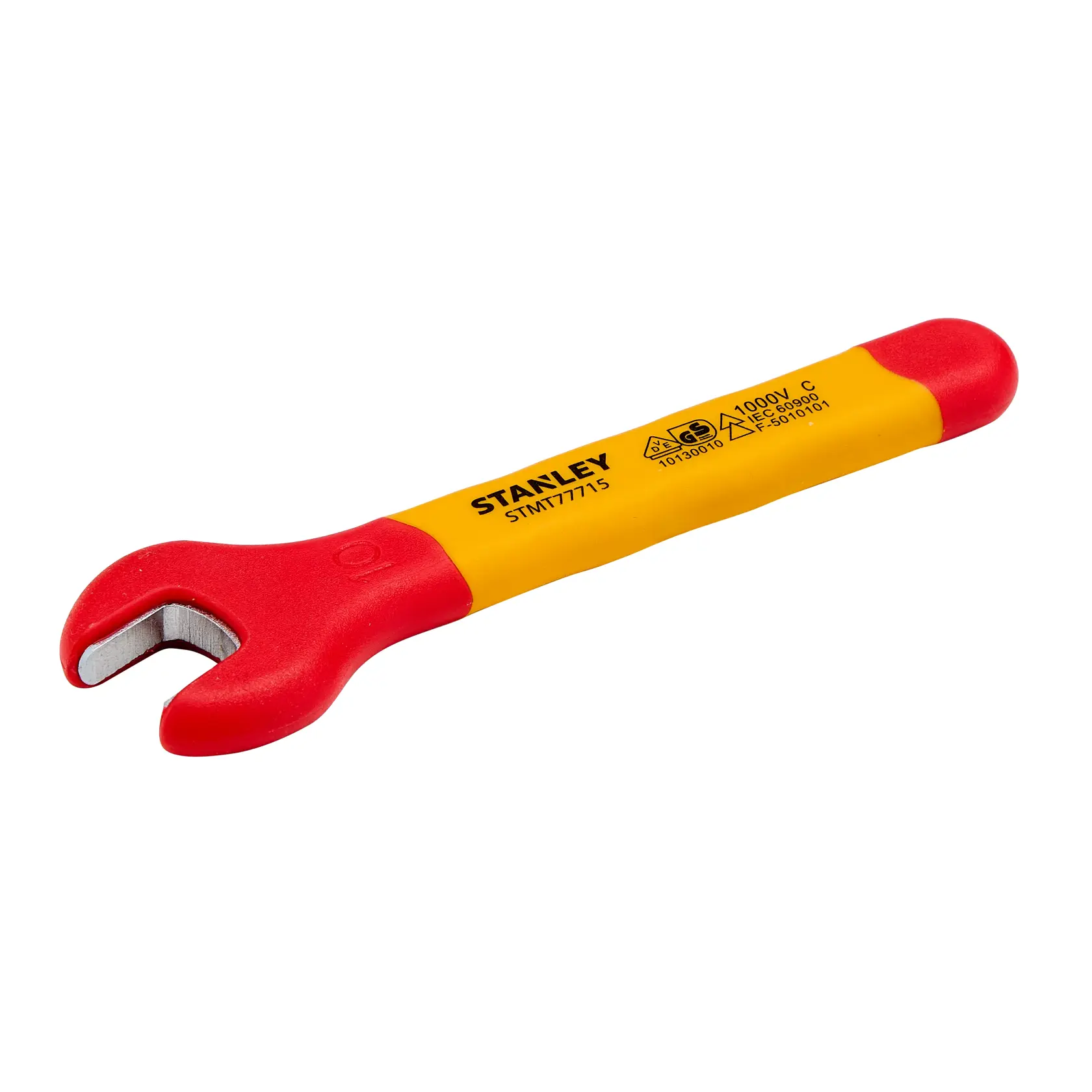 Chave de boca isolada STANLEY STMT77715-LA com cabo vermelho e amarelo, foto do produto em fundo branco.
