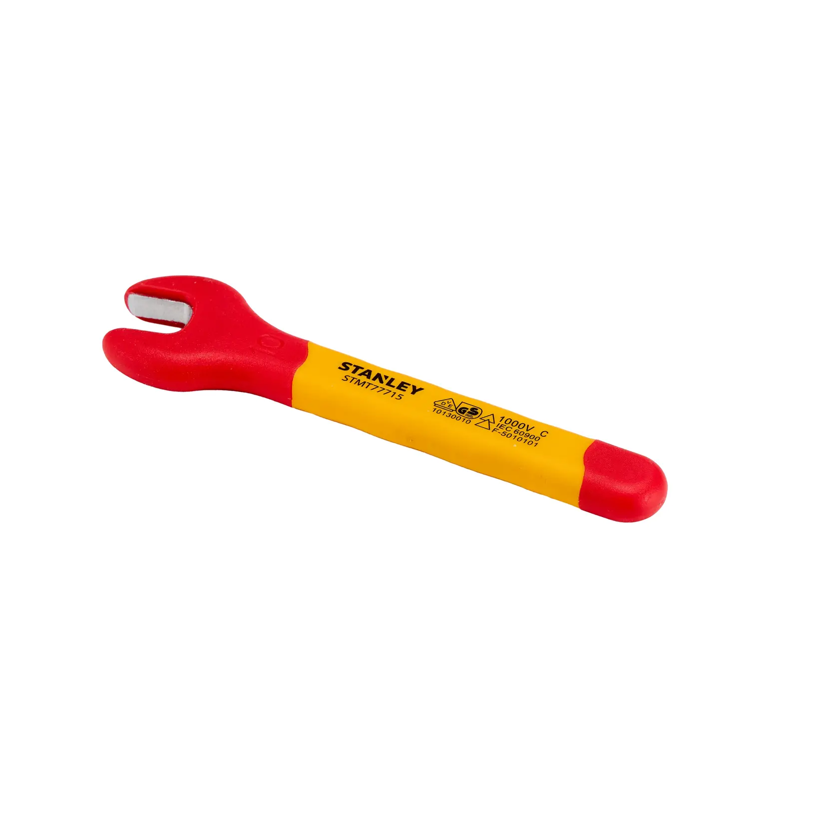Chave de boca isolada STANLEY STMT77715-LA, cabo vermelho e amarelo, ângulo lateral sobre fundo branco.