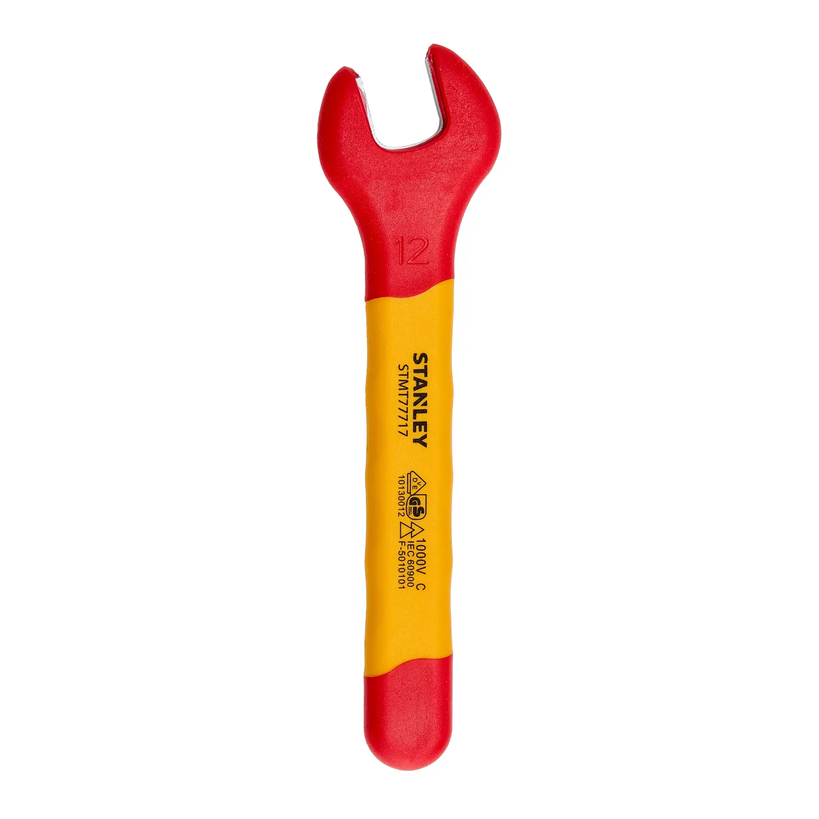 Chave de boca isolada Stanley STMT77717-LA, vermelha e amarela, vista superior em fundo branco.