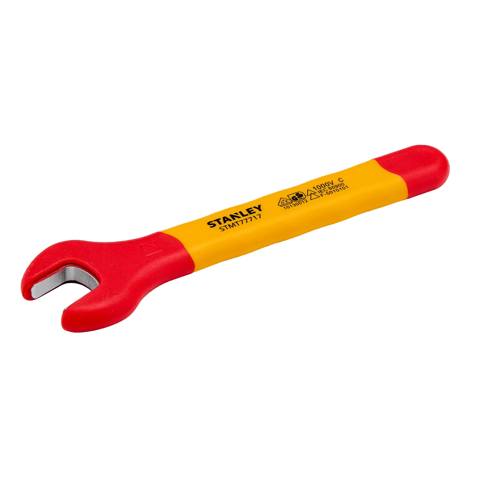 Chave de boca isolada STANLEY STMT77717-LA, cabo vermelho e amarelo, ângulo frontal, fundo branco.