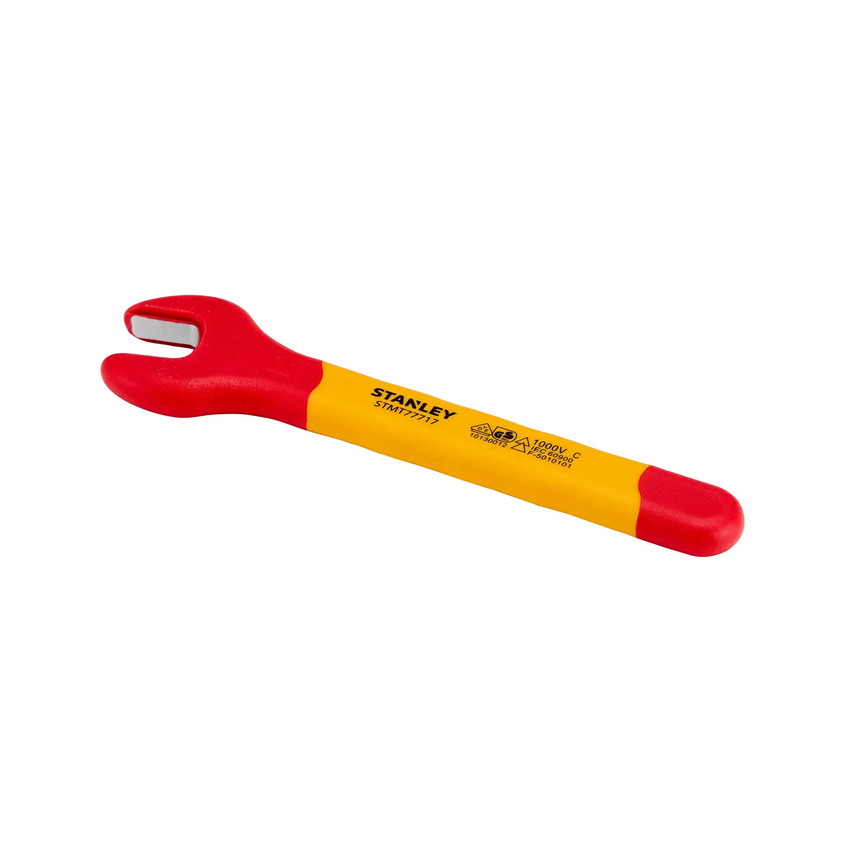 Chave fixa isolada STANLEY STMT77717-LA com cabo vermelho e amarelo, vista lateral em fundo branco.