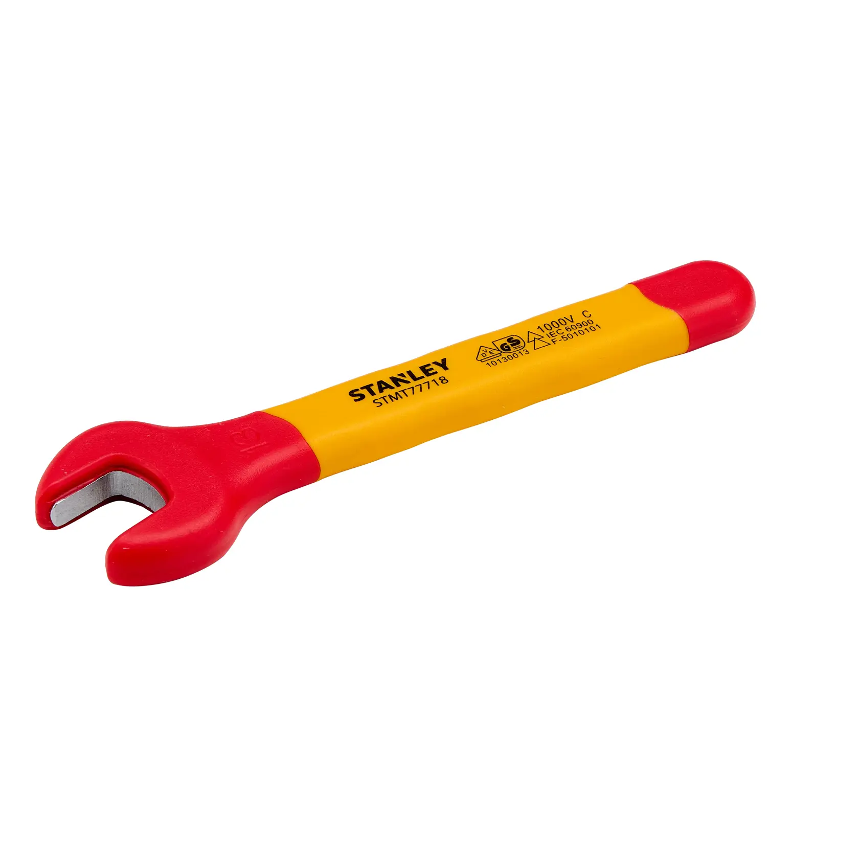 Chave de boca isolada STANLEY STMT77718-LA com cabo vermelho e amarelo, vista lateral esquerda, em fundo branco.
