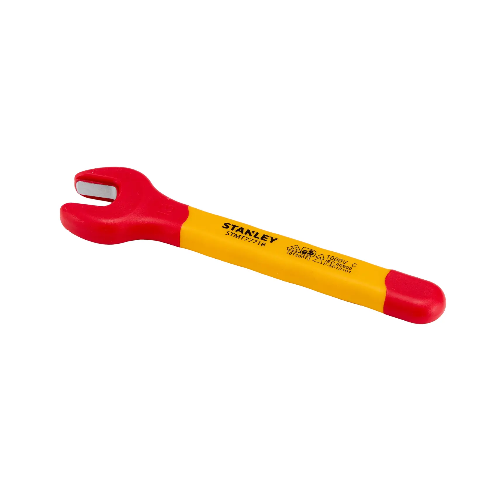 Chave de boca isolada STANLEY STMT77718-LA, vermelha e amarela, vista superior, ferramenta manual em fundo branco.