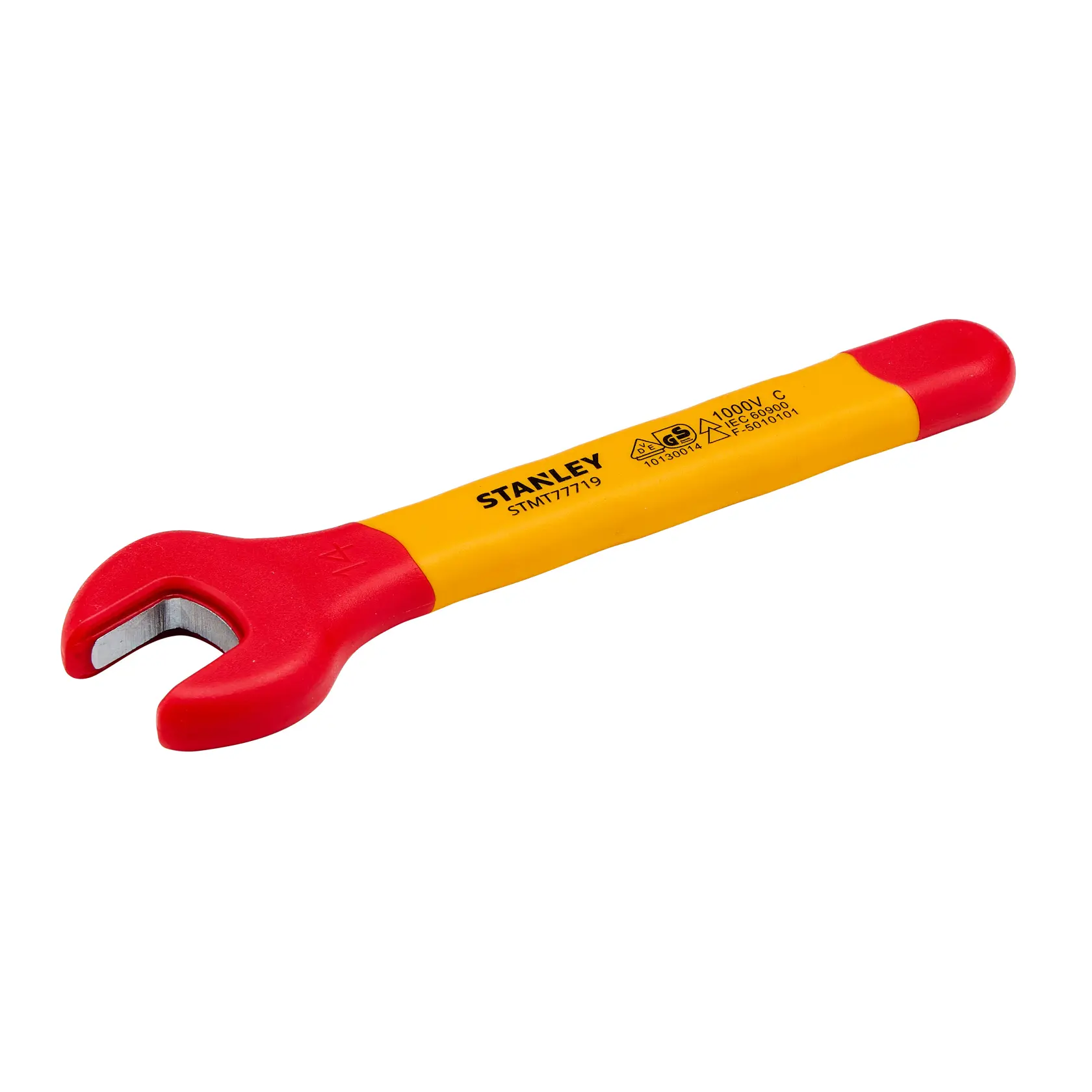 Chave fixa isolada Stanley STMT77719-LA, cabo vermelho e amarelo, vista lateral do produto em fundo branco.