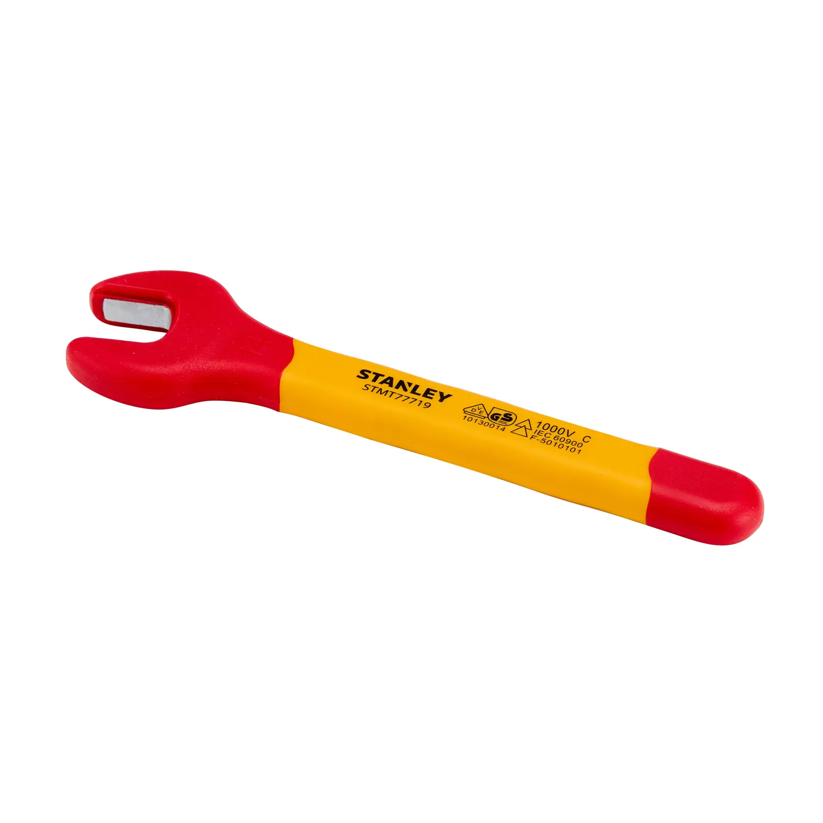 Chave de boca isolada STANLEY STMT77719-LA com cabo vermelho e amarelo, vista lateral em fundo branco.