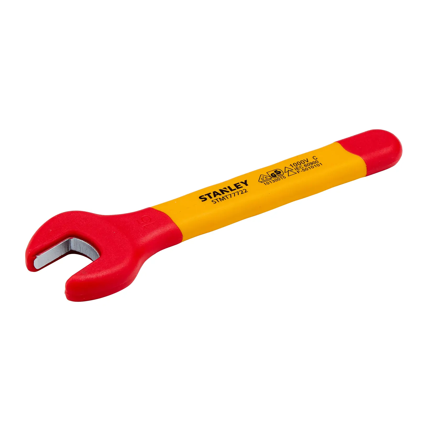 Chave isolada Stanley STMT77722, cabo vermelho e amarelo, categoria ferramenta, foto de ângulo lateral.