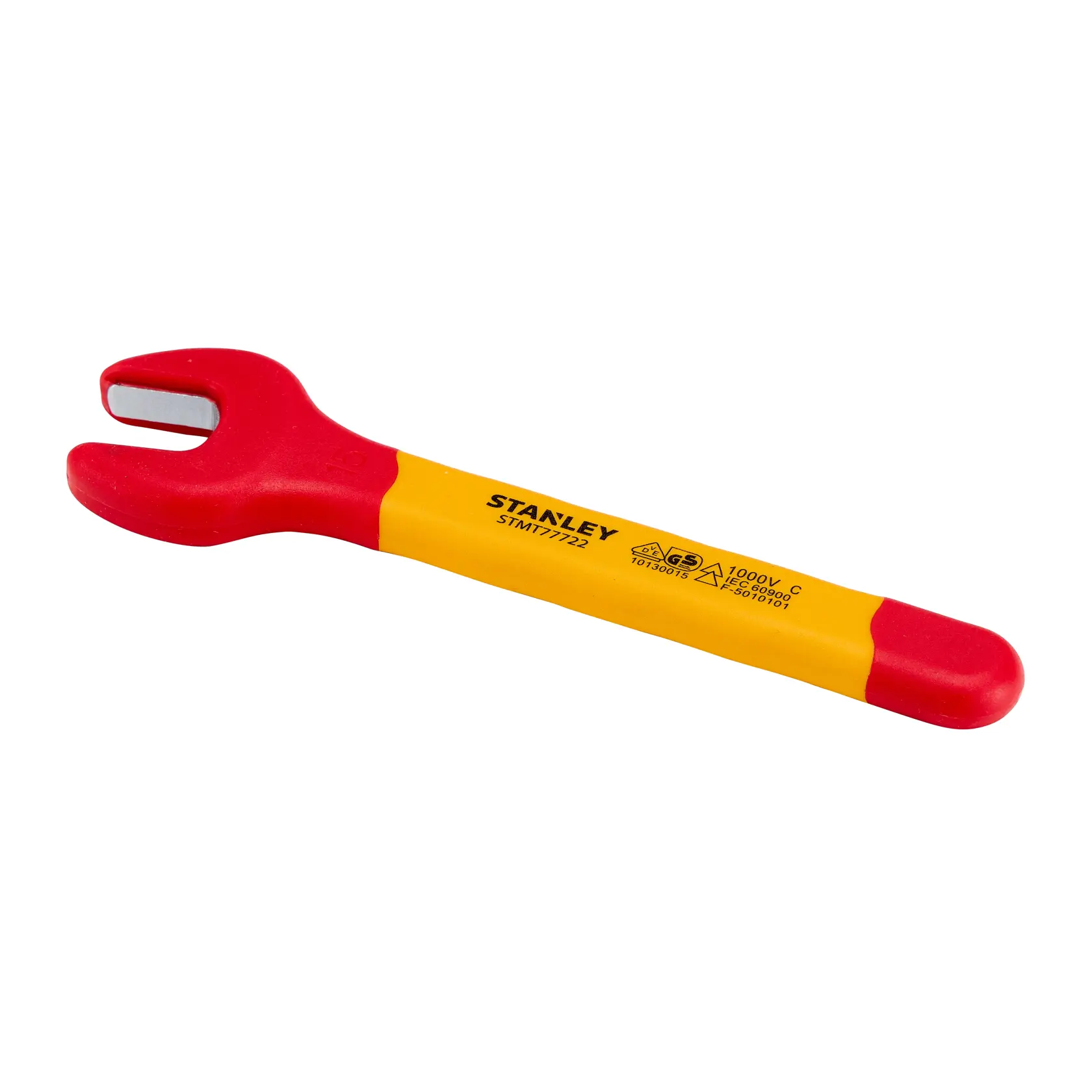 Chave de boca isolada STANLEY STMT77722-LA, cabo vermelho e amarelo, ângulo lateral em fundo branco.