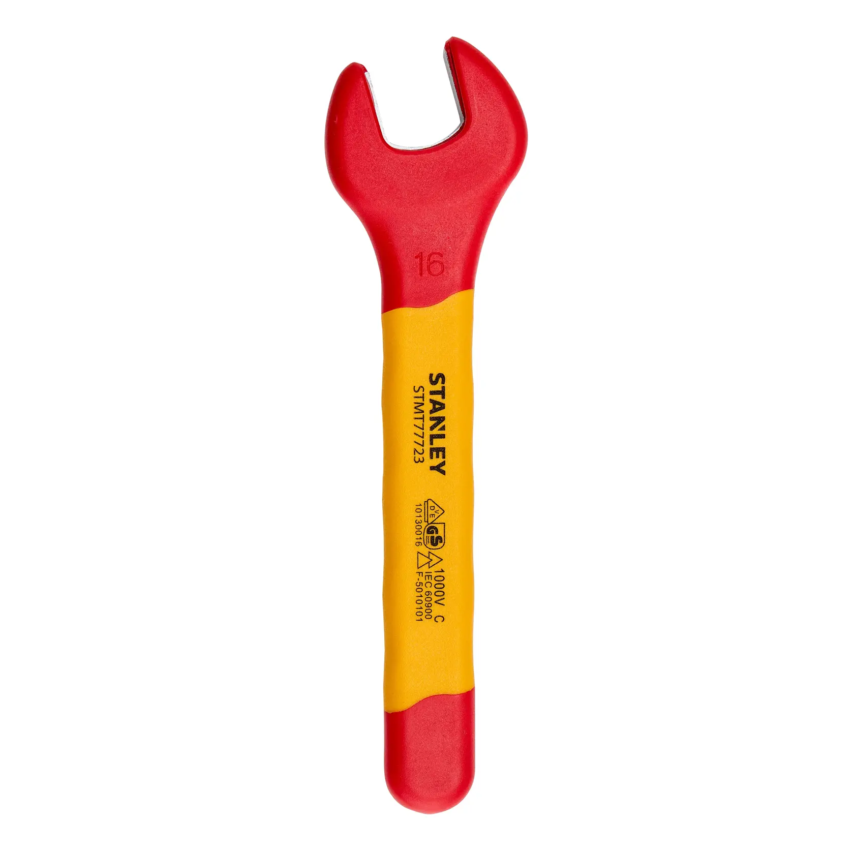 Chave fixa isolada STANLEY STMT77723-LA, vermelha e amarela, vista frontal em fundo branco.