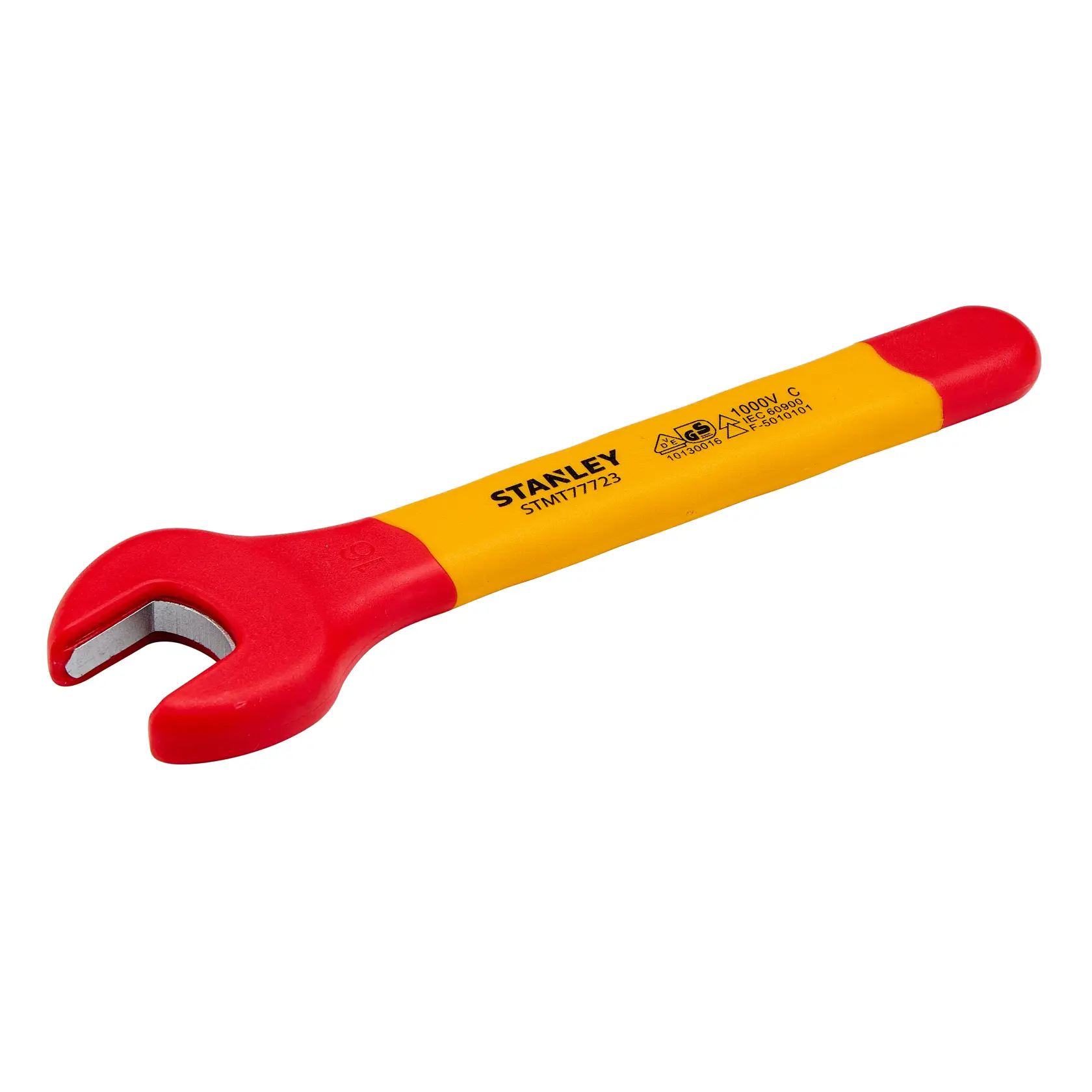 Chave fixa isolada STANLEY STMT77723-LA com cabo vermelho e amarelo, ângulo frontal em fundo branco.