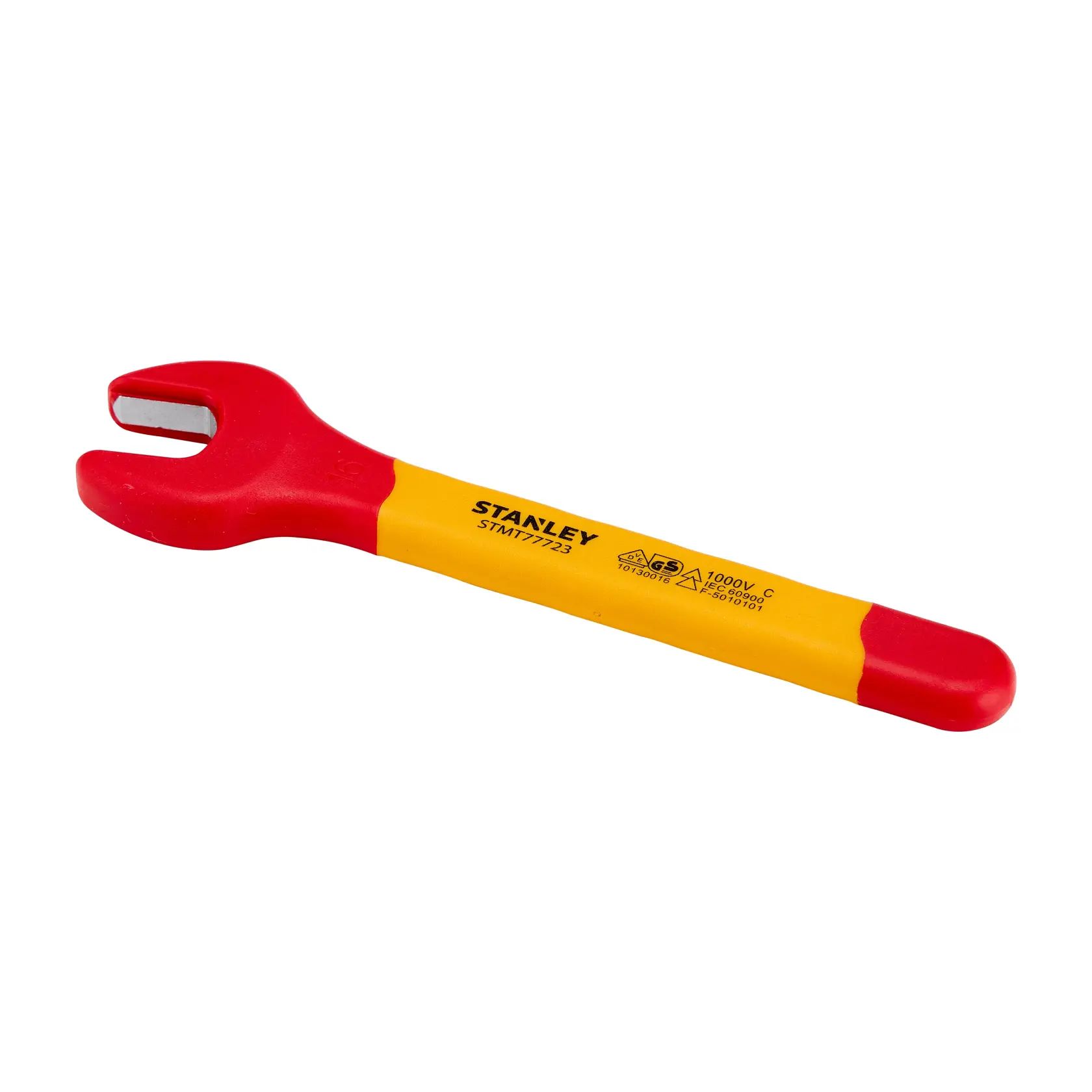 Chave de boca isolada Stanley STMT77723-LA, amarela e vermelha, categoria de ferramentas, vista angular.