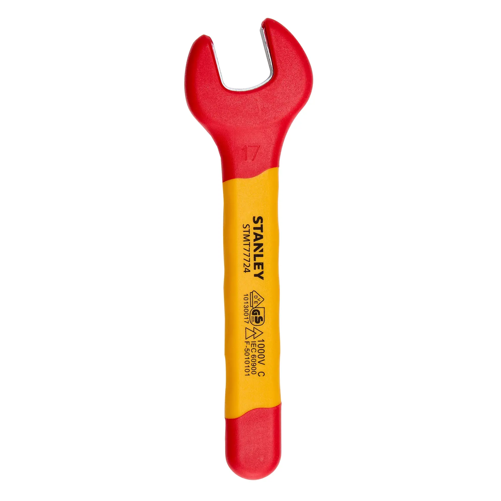 Chave de boca isolada STANLEY STMT77724-LA, cabo vermelho e amarelo, fotografia vista superior sobre fundo branco.