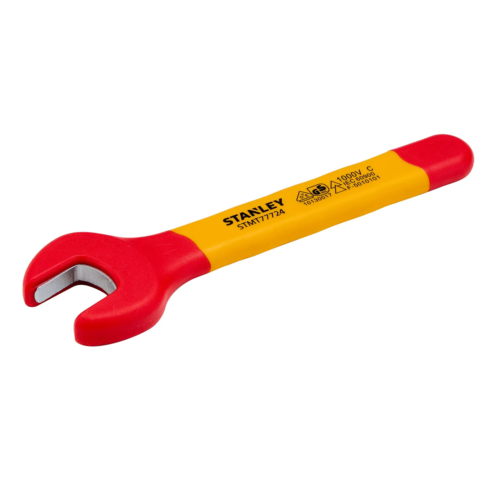Chave de boca isolada STANLEY STMT77724, cabo vermelho e amarelo, fotografia do produto em fundo branco.