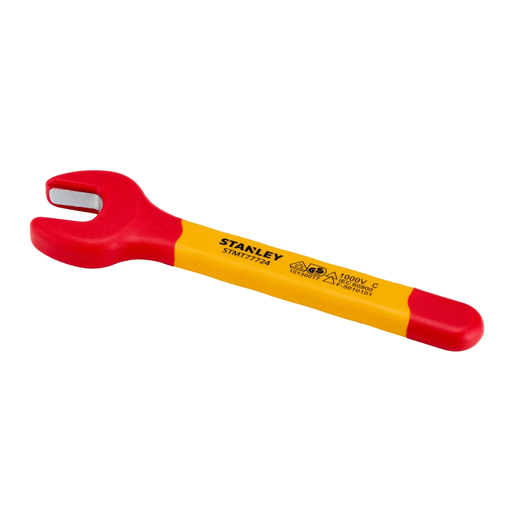 Chave de boca isolada STANLEY STMT77724-LA, cabo vermelho e amarelo, vista lateral em fundo branco.