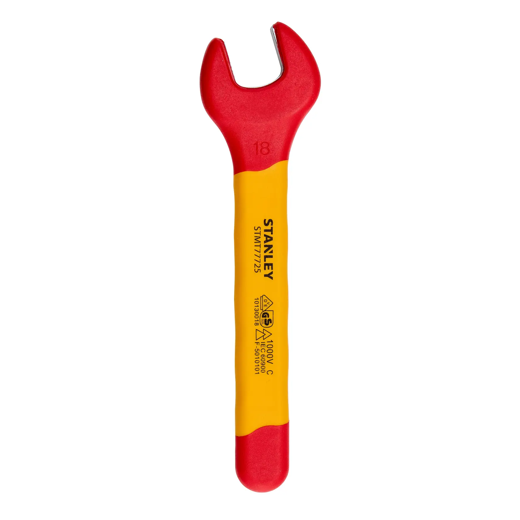 Chave de boca isolada STANLEY STMT77725-LA, vermelha e amarela, fotografia, vista superior, fundo branco.