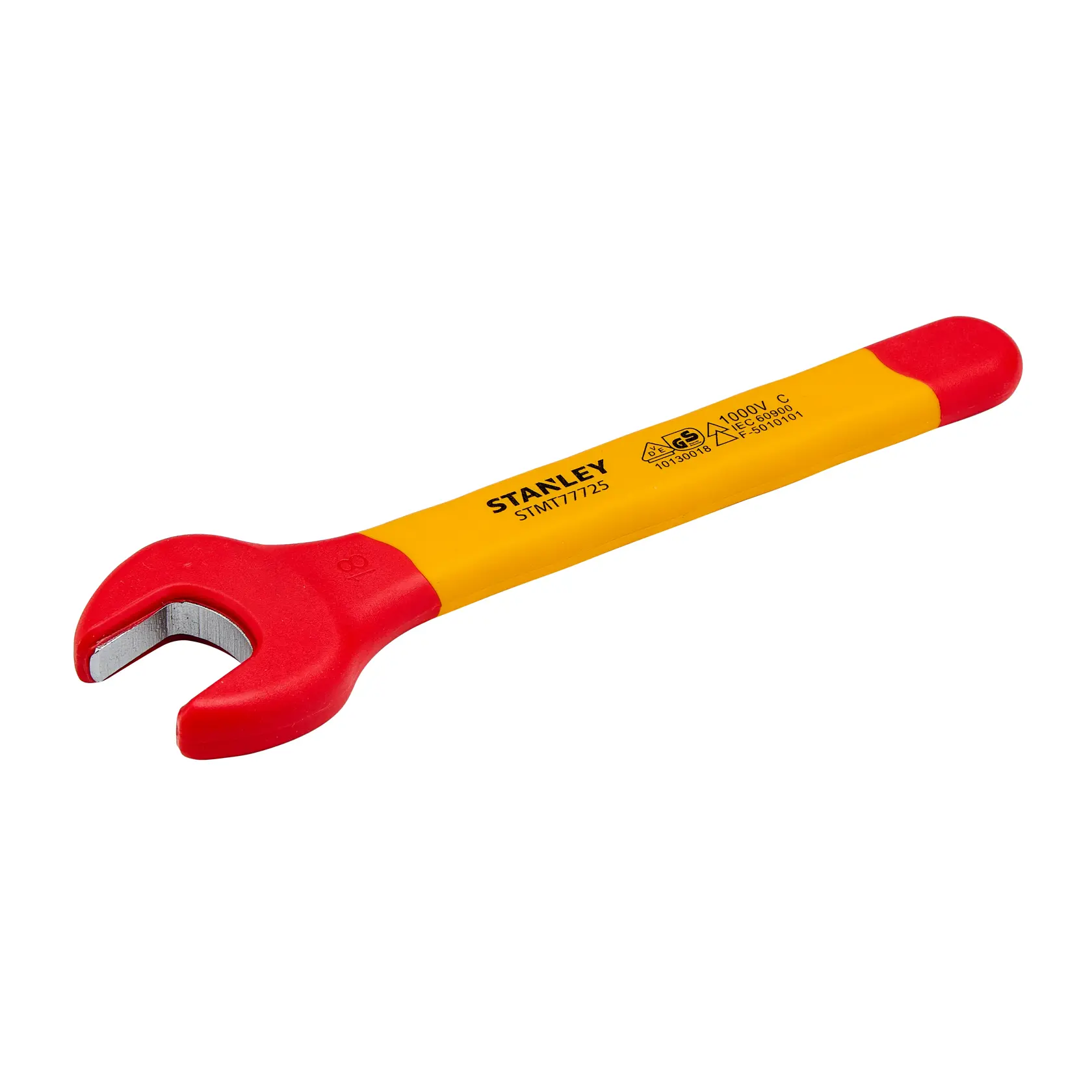 Chave de boca isolada STANLEY STMT77725-LA com cabo vermelho e amarelo, fotografia em fundo branco.