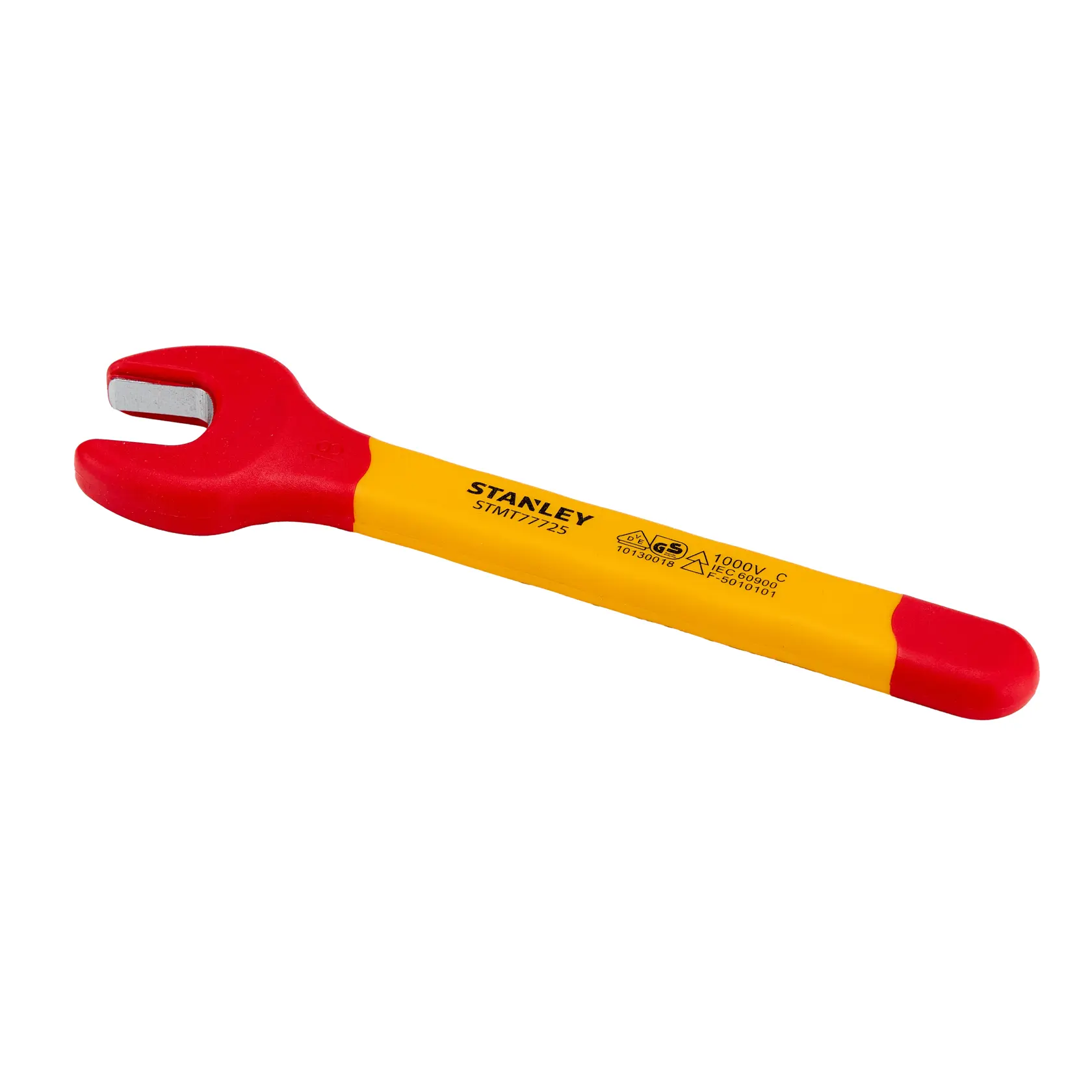 Chave de boca isolada STANLEY STMT77725-LA, cabo vermelho e amarelo, vista lateral esquerda, fundo branco.
