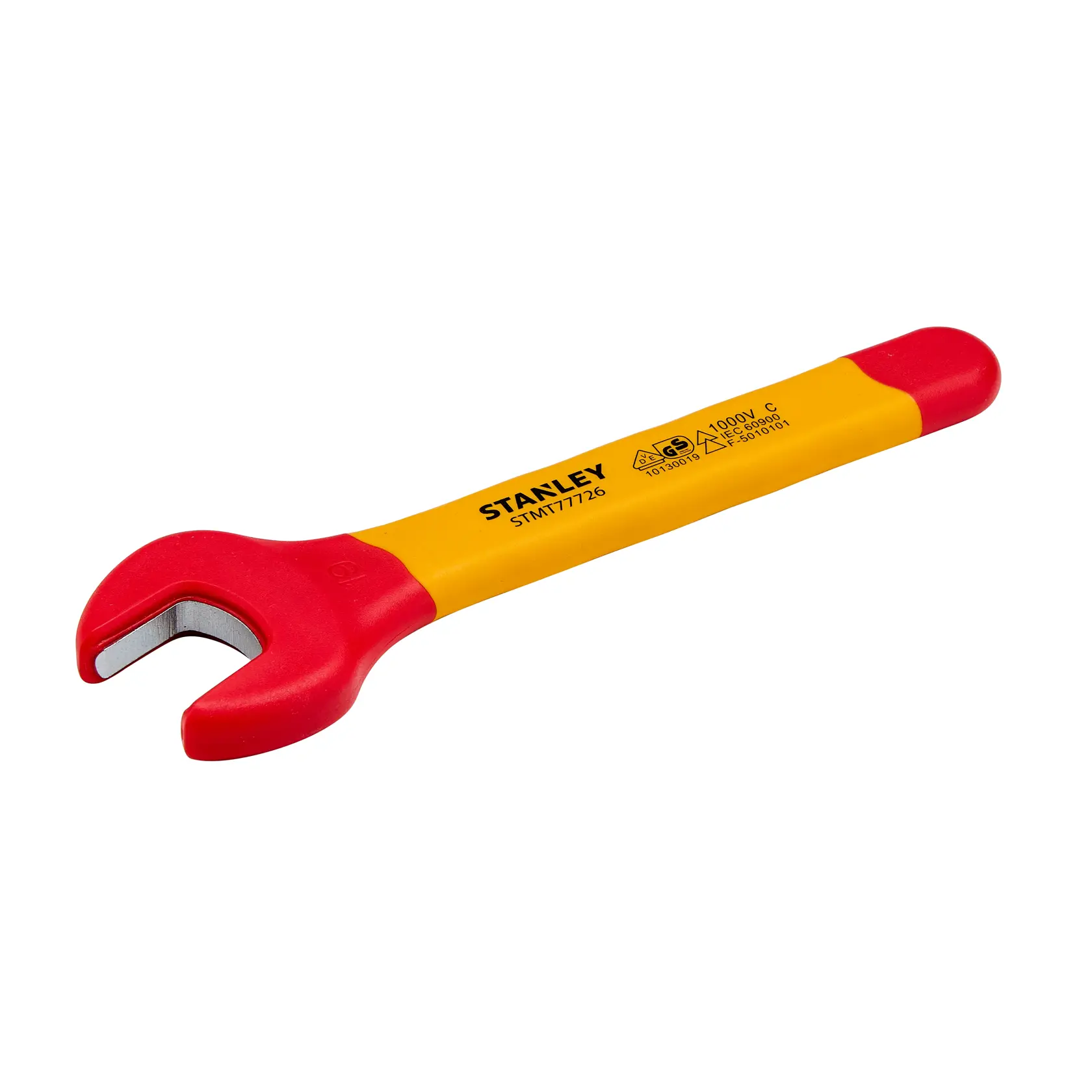 Chave fixa isolada STANLEY STMT77726 com cabo vermelho e amarelo, vista em ângulo, sobre fundo branco.