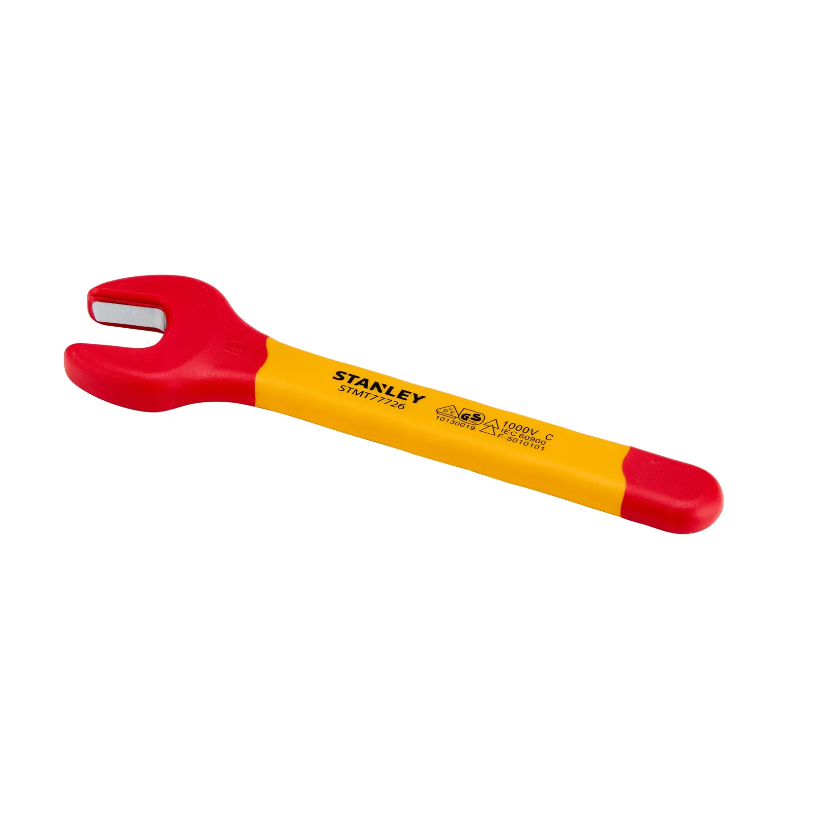 Chave de boca isolada STANLEY STMT77726-LA, cabo amarelo com detalhes vermelhos, foto vista superior.