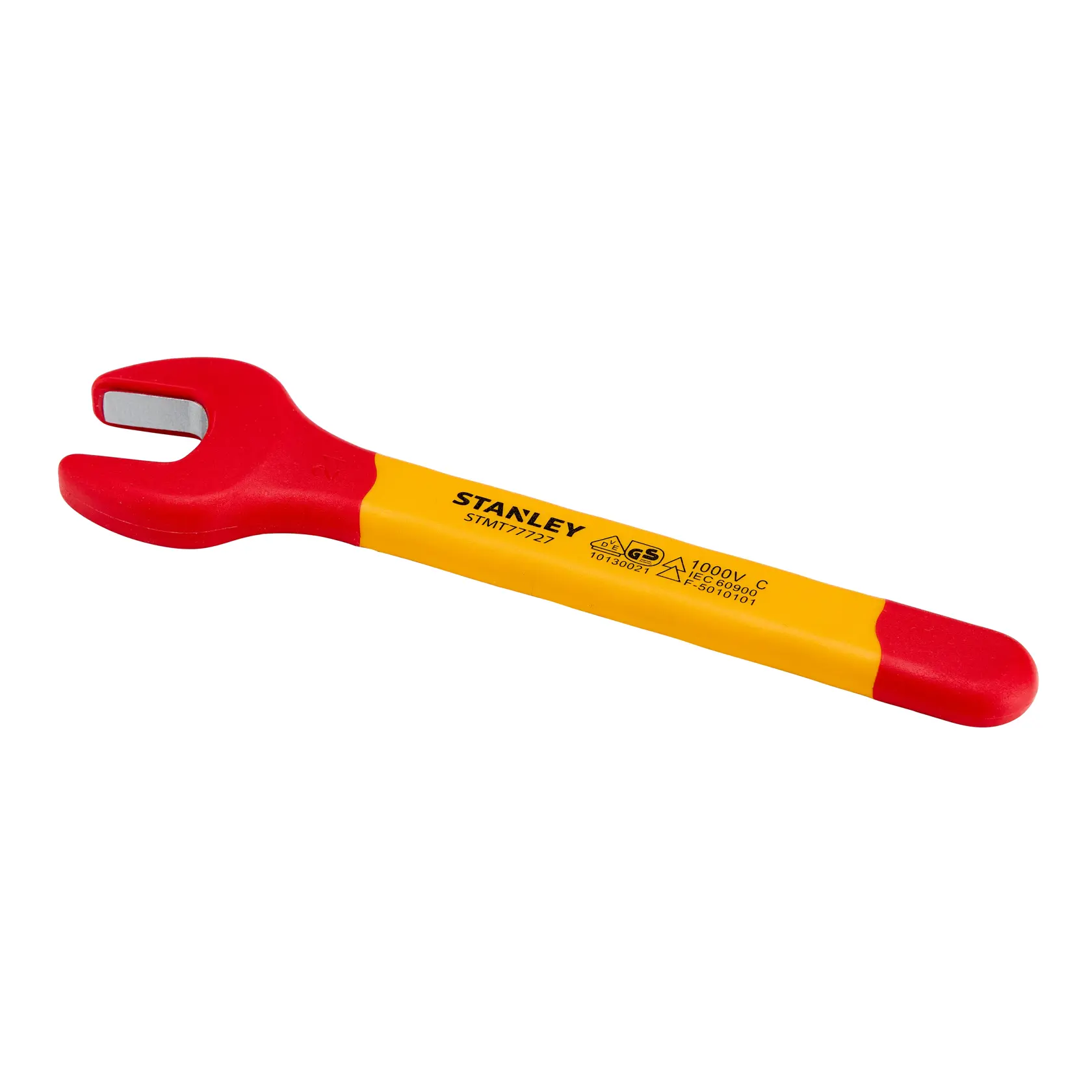 Chave de boca isolada STANLEY STMT77727-LA com cabo vermelho e amarelo, vista lateral em fundo branco.