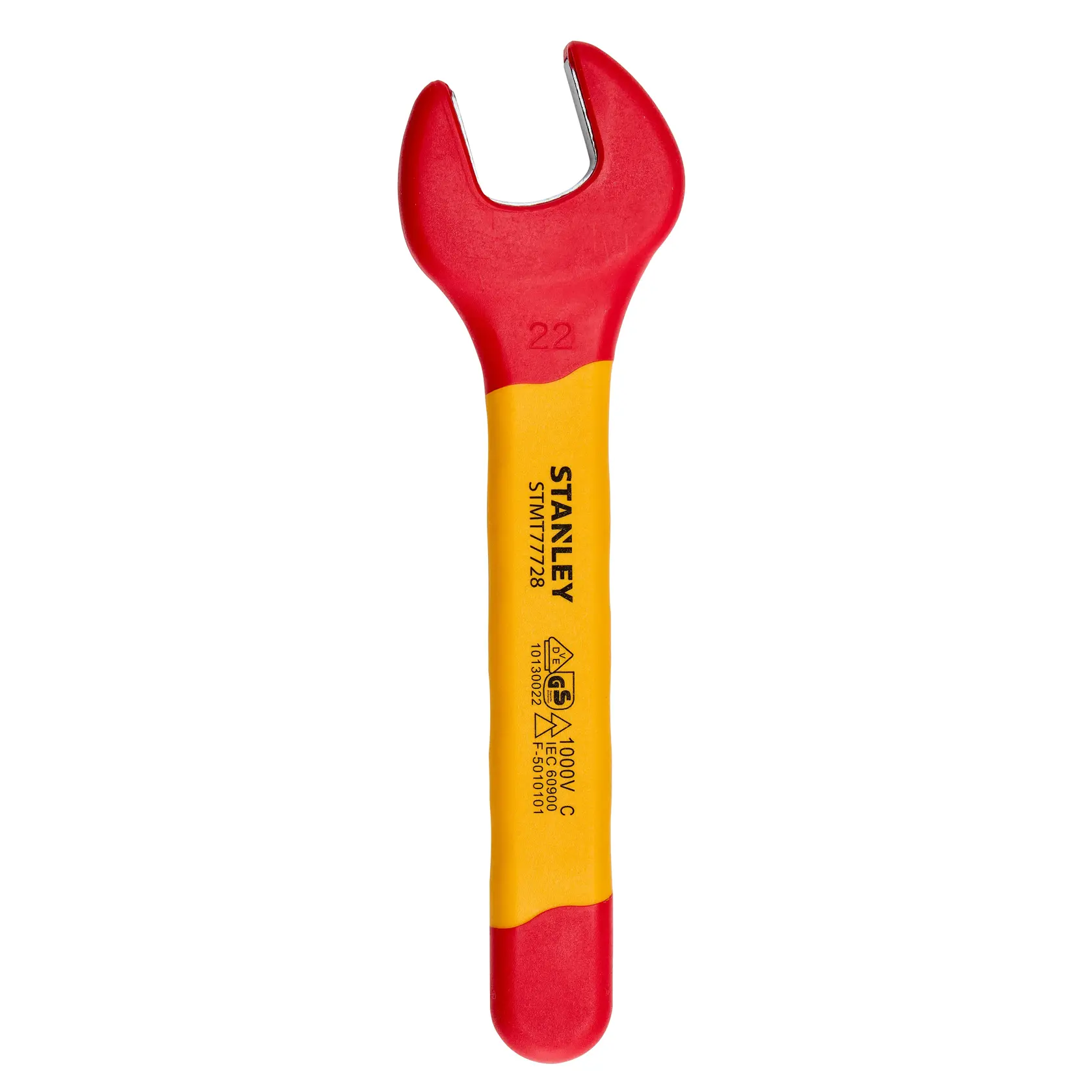 Llave fija aislada STANLEY STMT77728-LA, roja y amarilla, vista superior sobre fondo blanco.