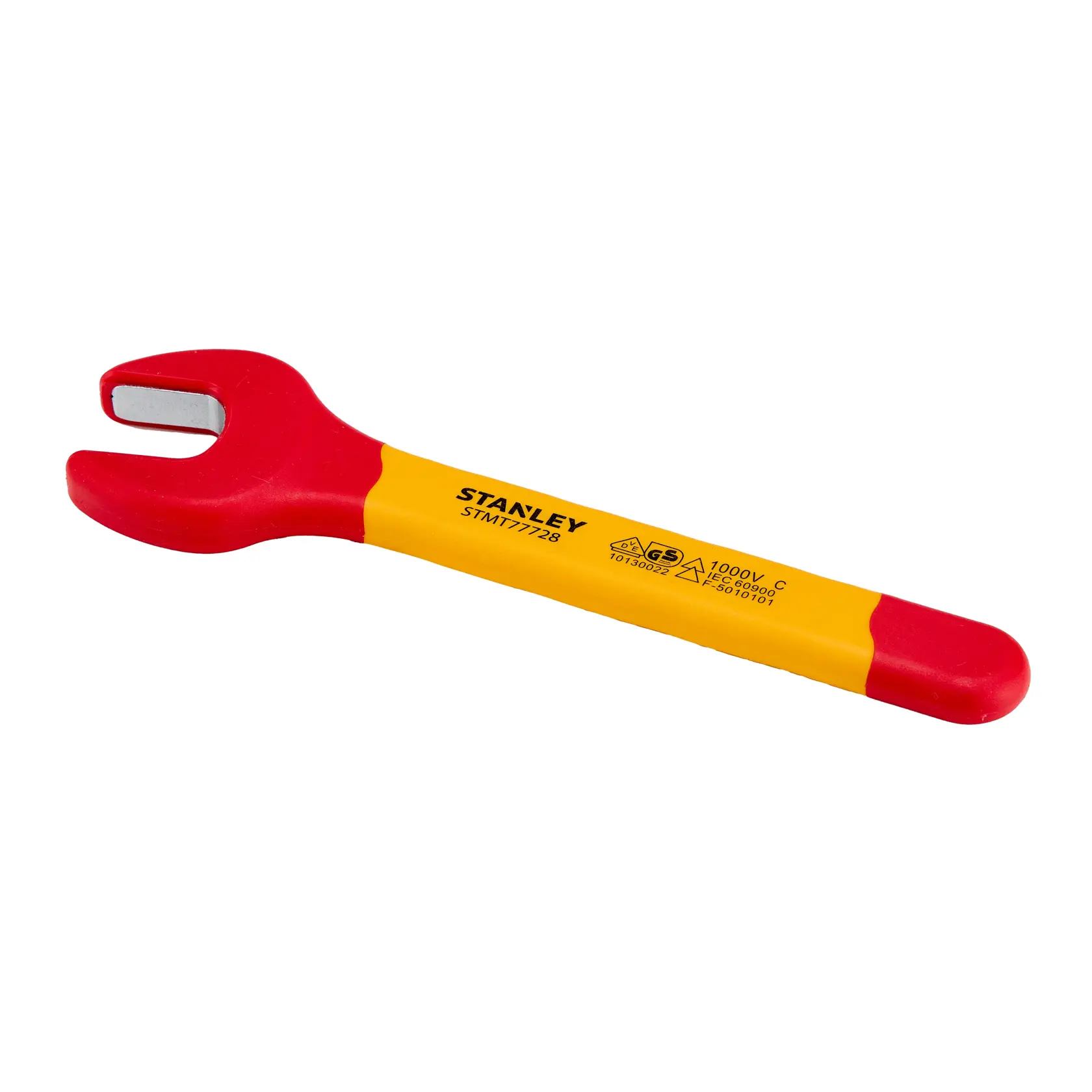 Chave de boca isolada STANLEY STMT77728-LA, vermelha e amarela, vista lateral em fundo branco.