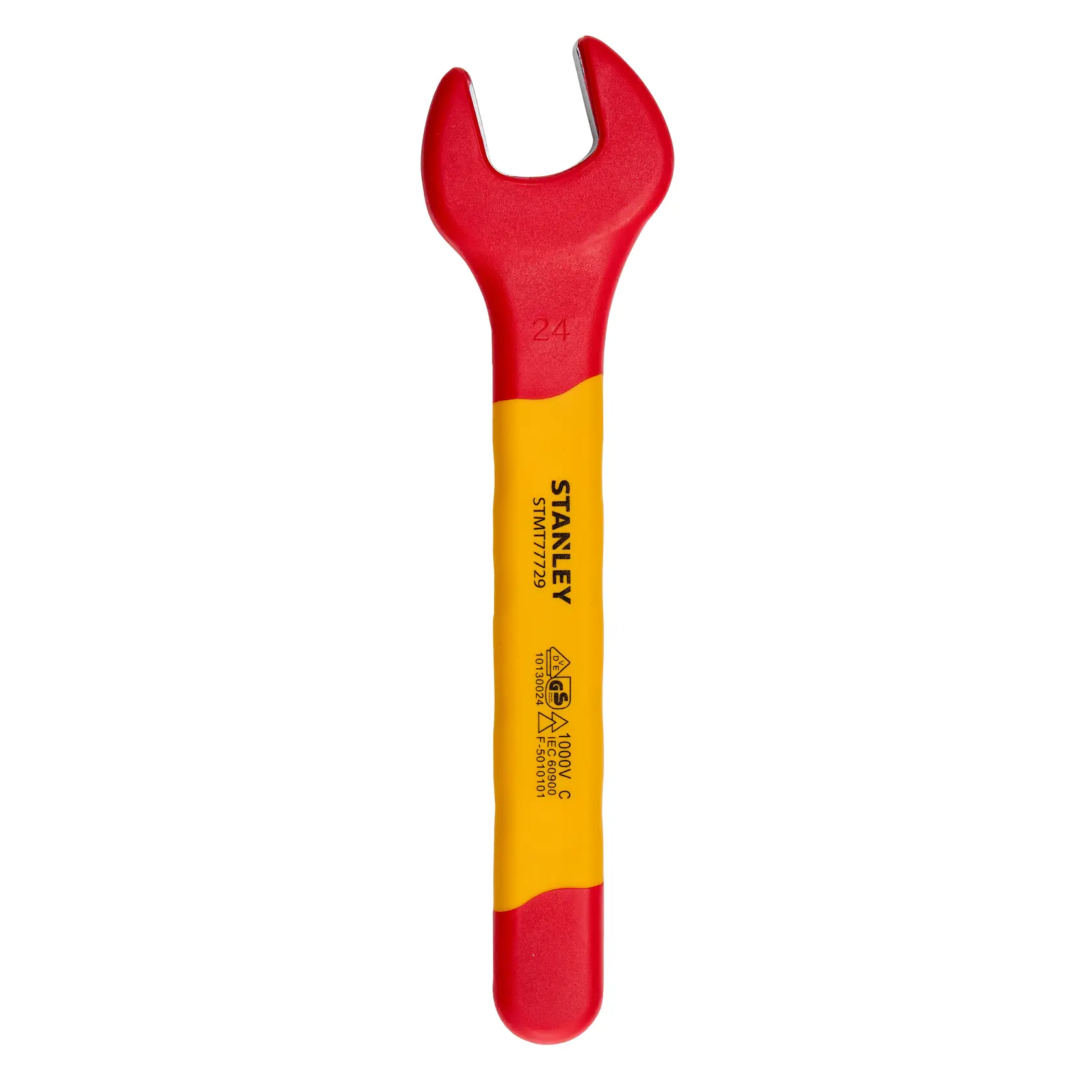 Llave de boca aislada STANLEY STMT77729-LA, amarilla y roja, ángulo frontal sobre fondo blanco.