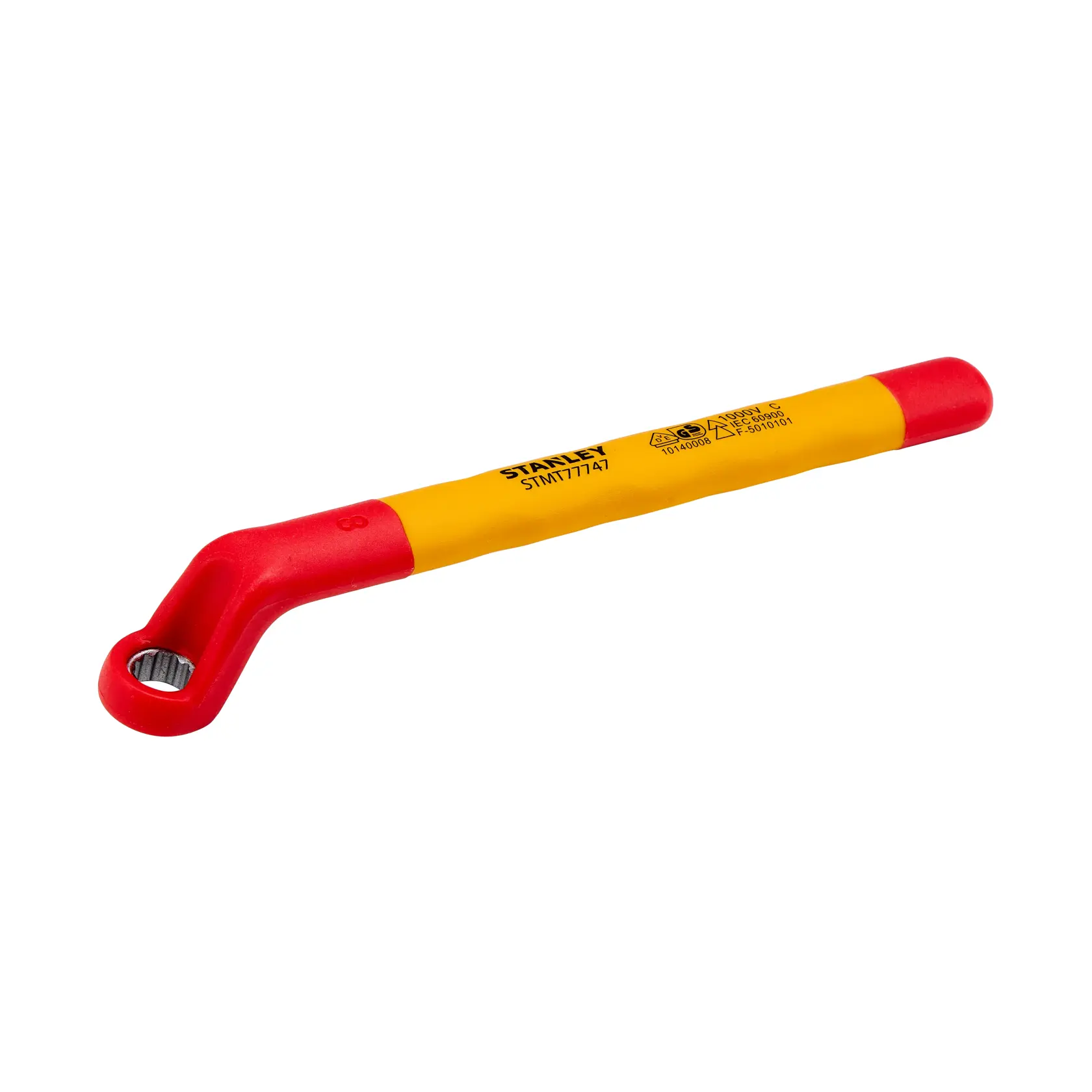 Chave de soquete em L isolada STANLEY STMT77747-LA, vermelha e amarela, ângulo lateral, sobre fundo branco.