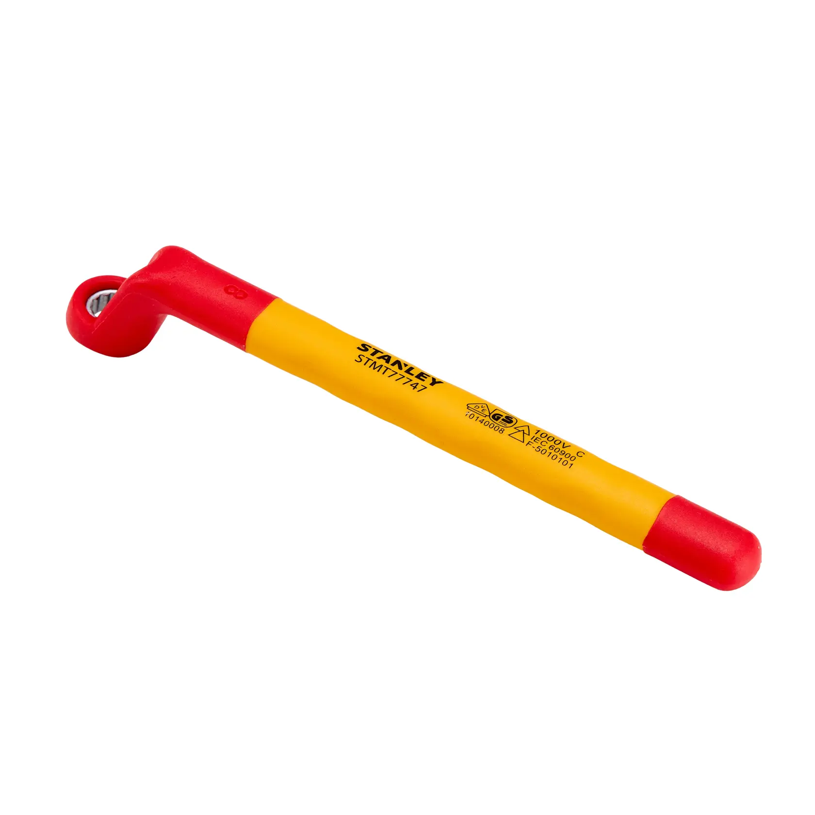 Chave soquete isolada STANLEY STMT77747-LA amarela e vermelha em L, vista lateral em fundo branco.