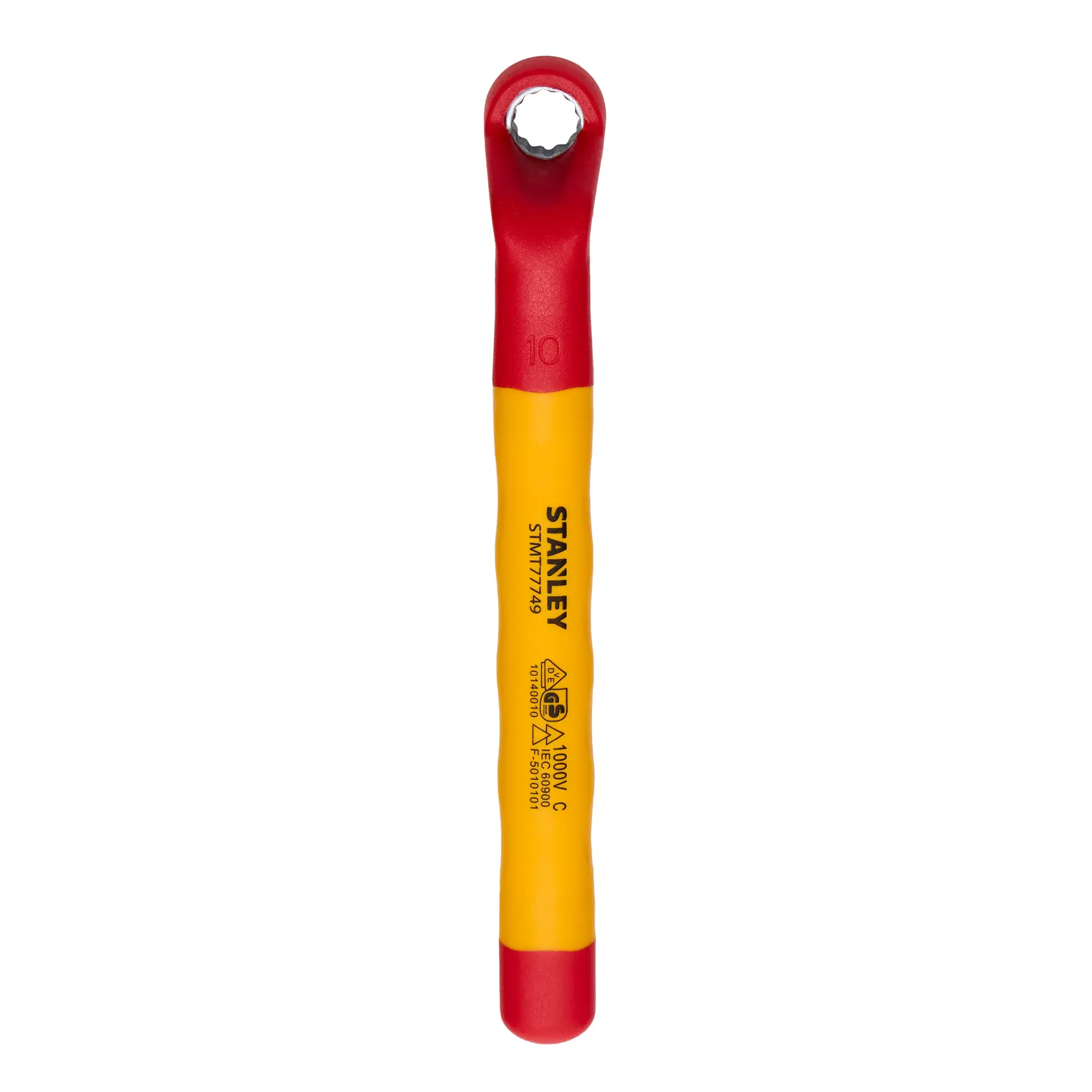 Chave estrela isolada STANLEY STMT77749-LA, vermelha e amarela, vista superior em fundo branco.