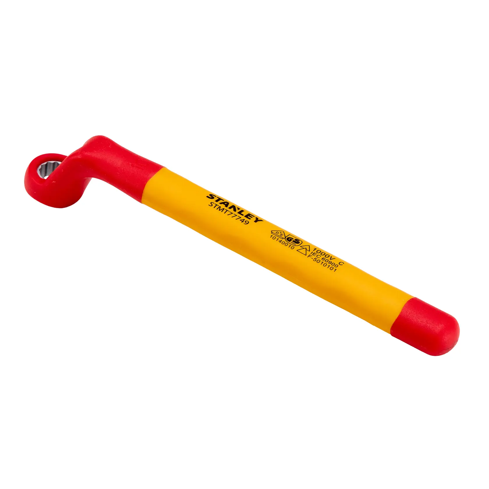 Chave em L isolada amarela e vermelha STANLEY STMT77749-LA, foto do produto em ângulo sobre fundo branco.