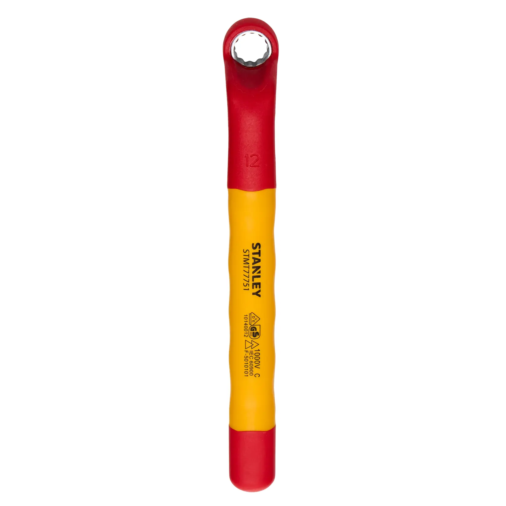 Chave catraca isolada STANLEY STMT77751-LA, amarela e vermelha, vista frontal em fundo branco.