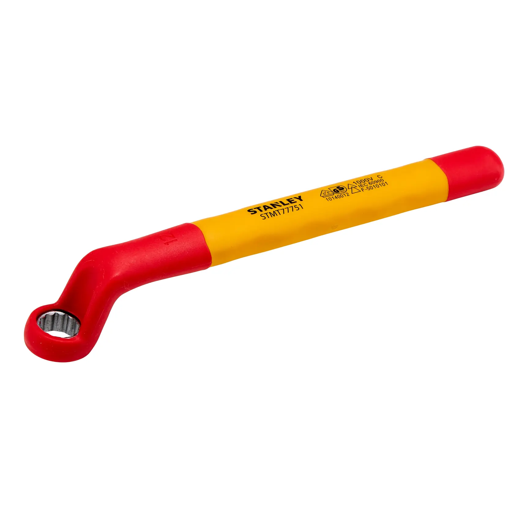 Chave estrela isolada STANLEY STMT77751 com cabo vermelho e amarelo, ângulo do produto sobre fundo branco.