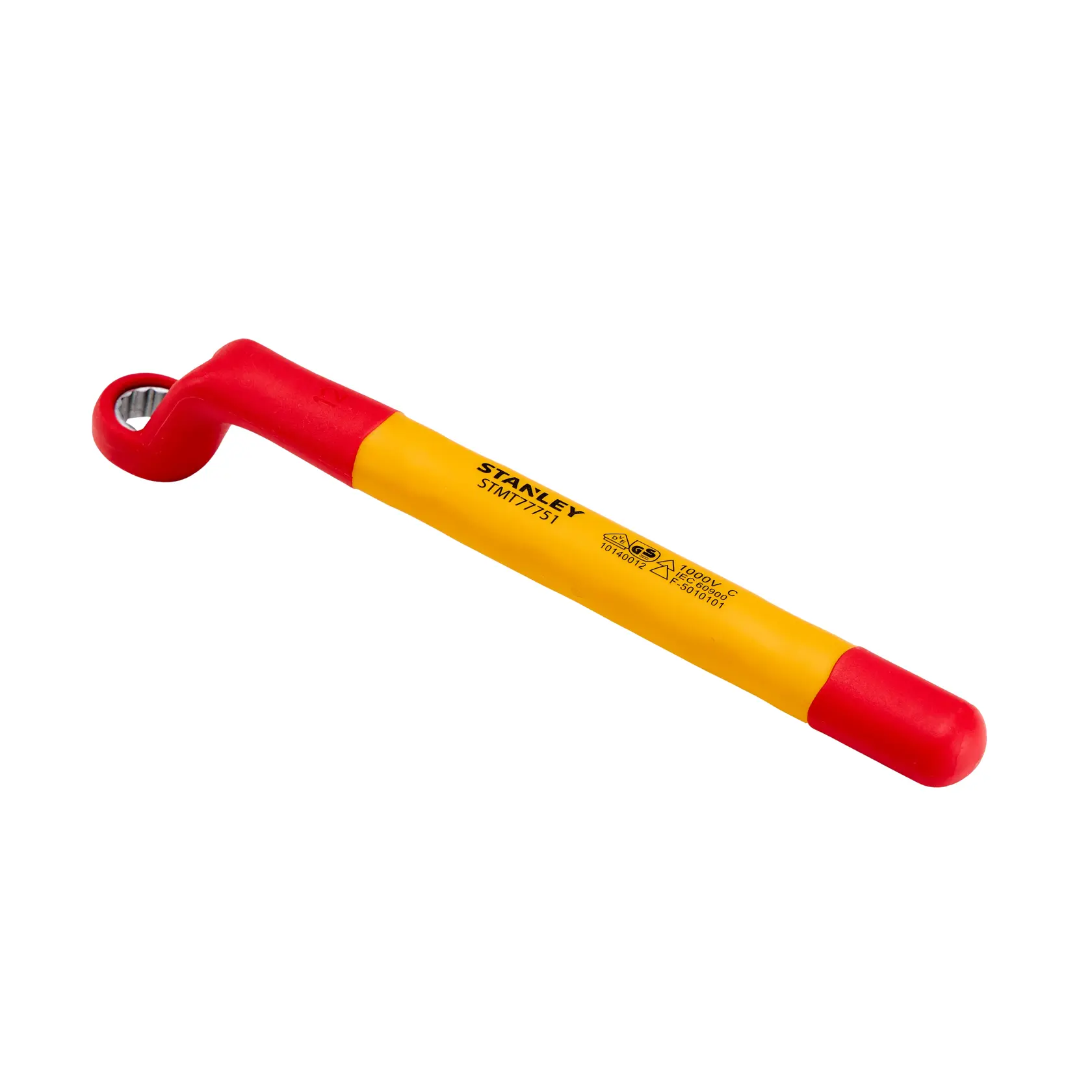 Chave caixa isolada STANLEY STMT77751-LA, vermelha e amarela, design angulado, foto do produto em fundo branco.