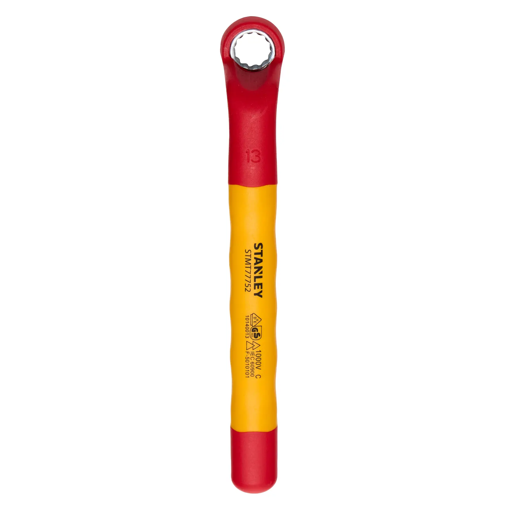 Chave estrela isolada STANLEY STMT77752-LA, cabo vermelho e amarelo, vista frontal, fundo branco.