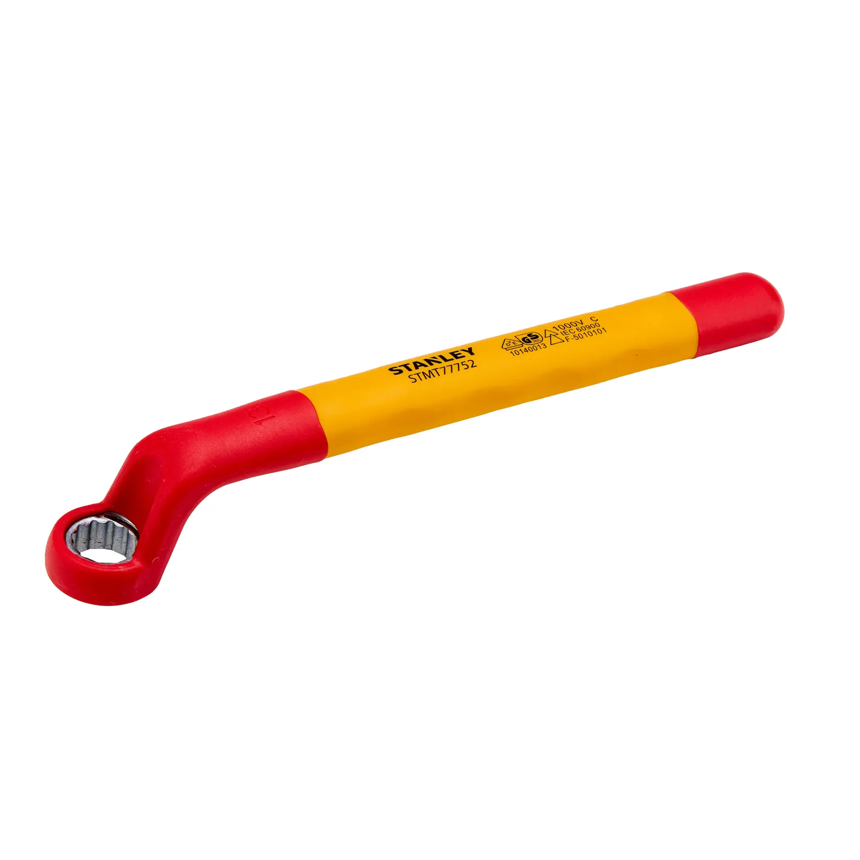 Chave estrela isolada STANLEY STMT77752-LA, cabo amarelo e vermelho, vista angulada, fundo branco.