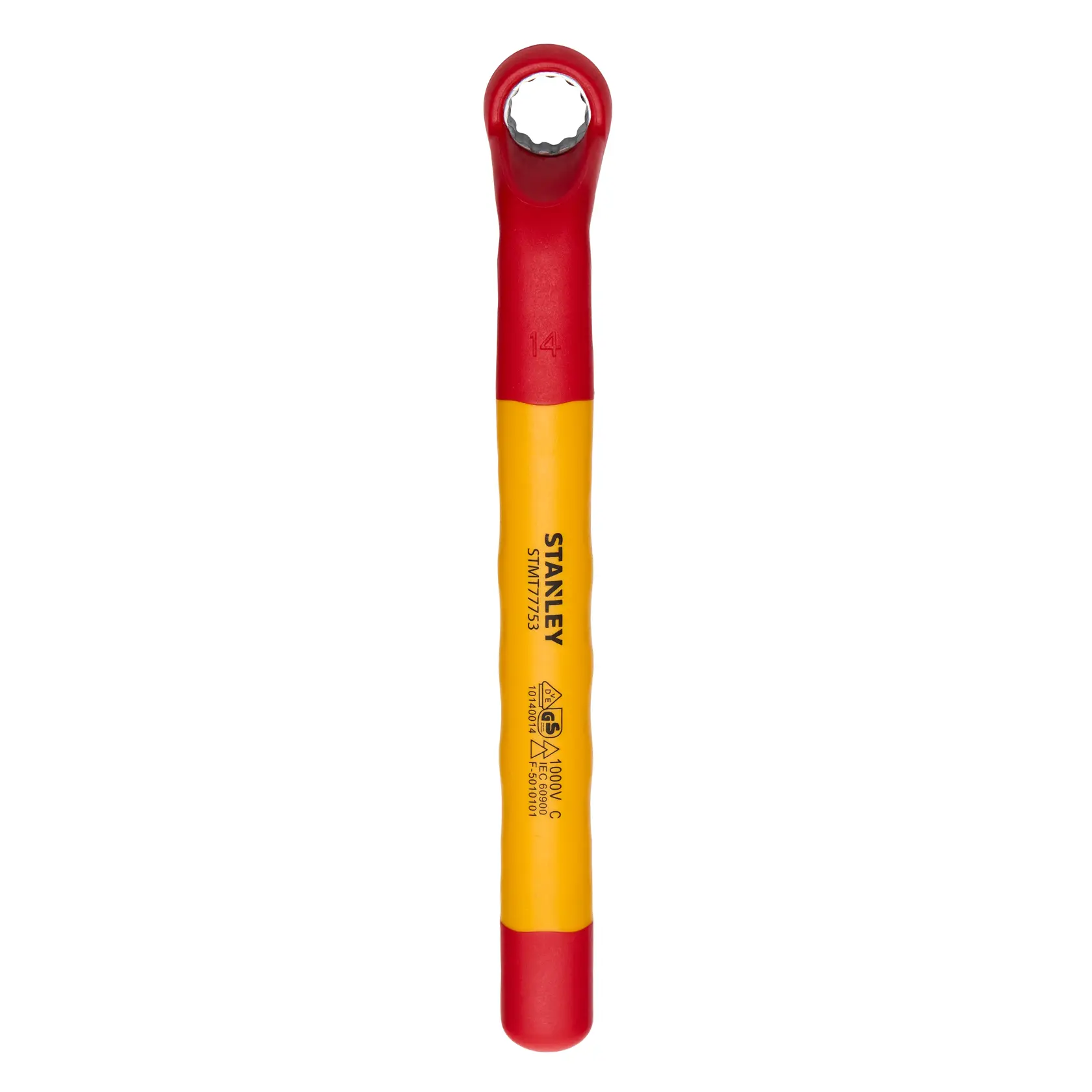 Chave estrela isolada STANLEY STMT77753-LA, vermelha e amarela, vista reta em fundo branco.