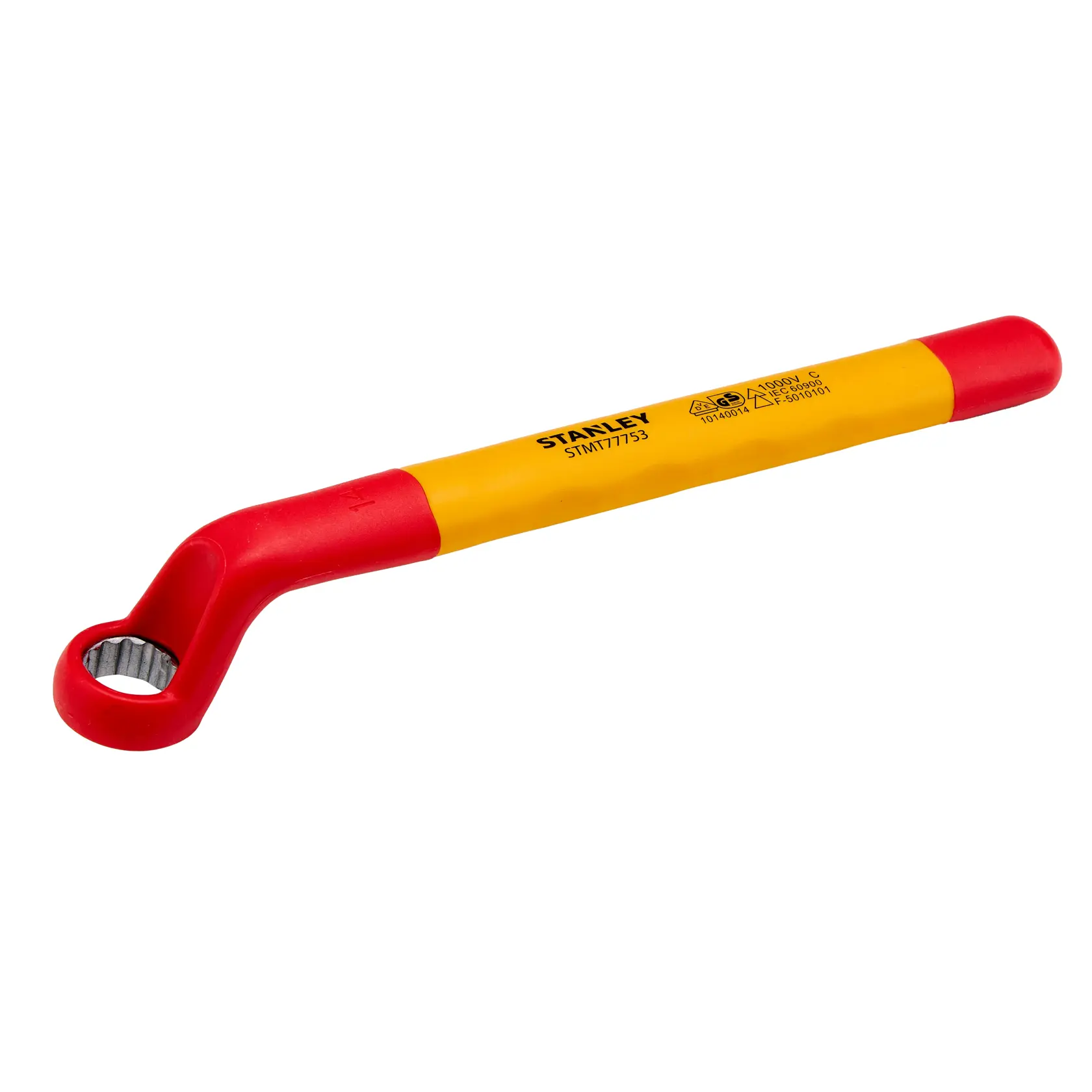 Chave estrela offset isolada STANLEY STMT77753-LA, cabo amarelo e vermelho, vista lateral em fundo branco.