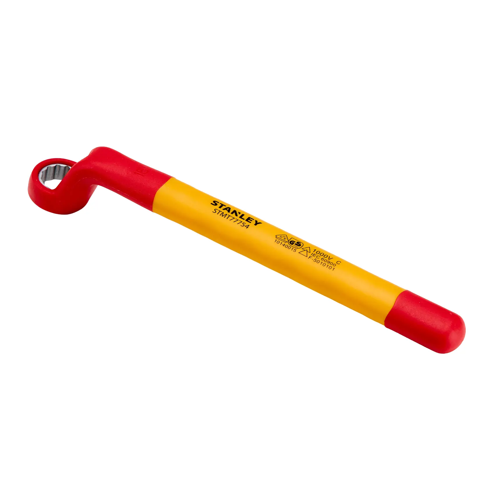 Chave estrela isolada STANLEY STMT77754-LA, cabo amarelo e vermelho, vista lateral em ângulo sobre fundo branco.