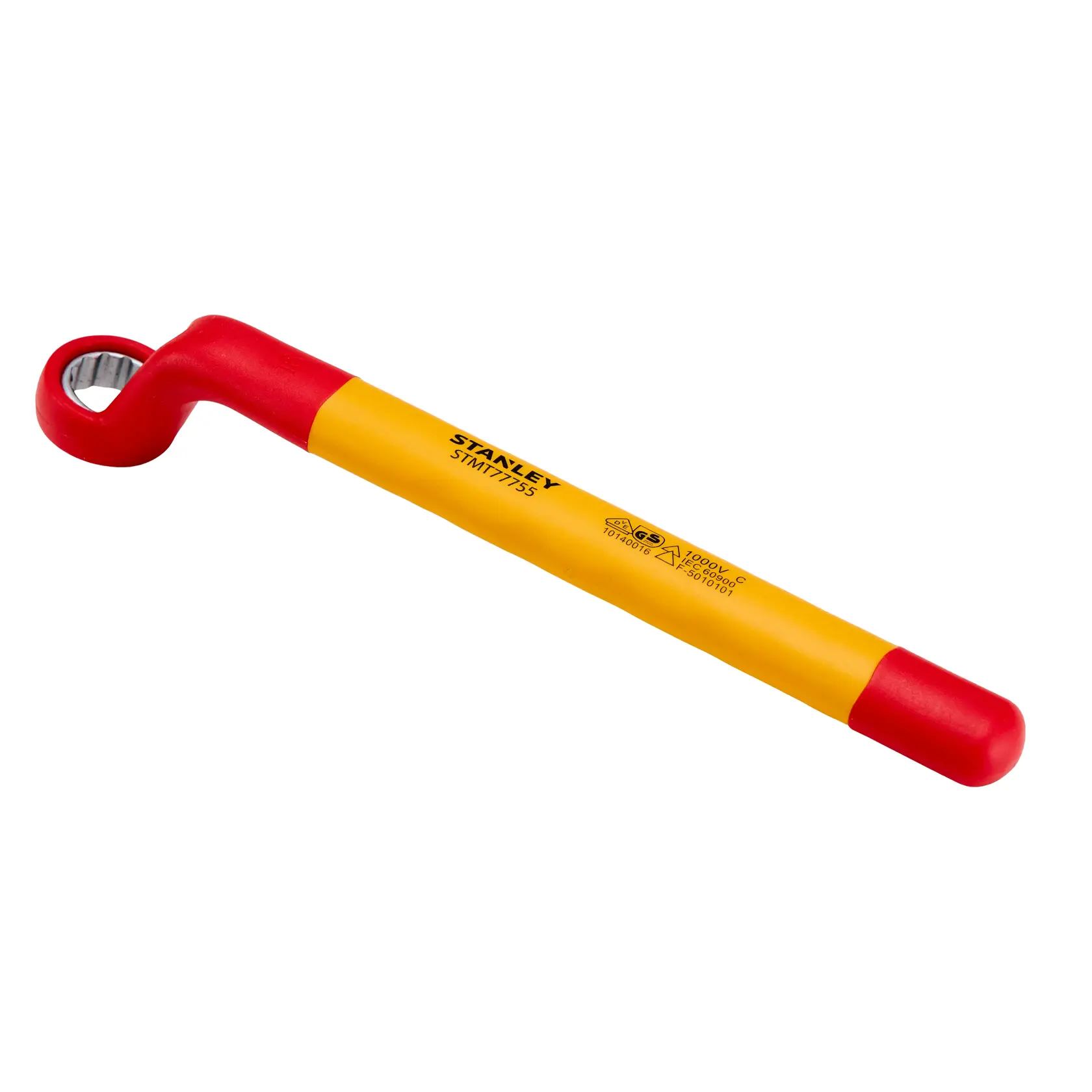 Chave de anel isolada STANLEY STMT77755-LA, cabo amarelo e vermelho, fotografia em vista angular sobre fundo branco.