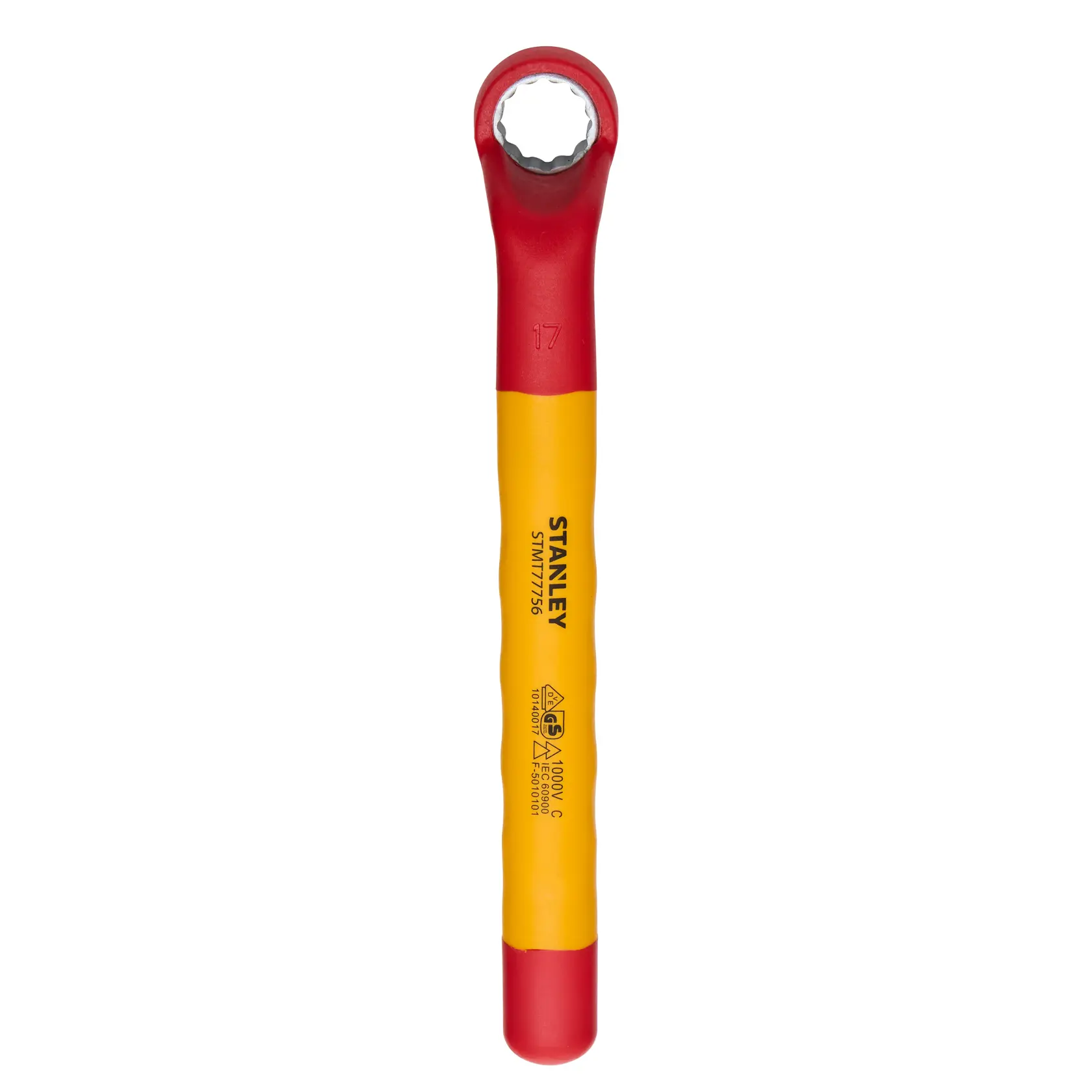 Chave estrela isolada STANLEY STMT77756-LA, cabo amarelo e vermelho, vista superior, fundo branco.