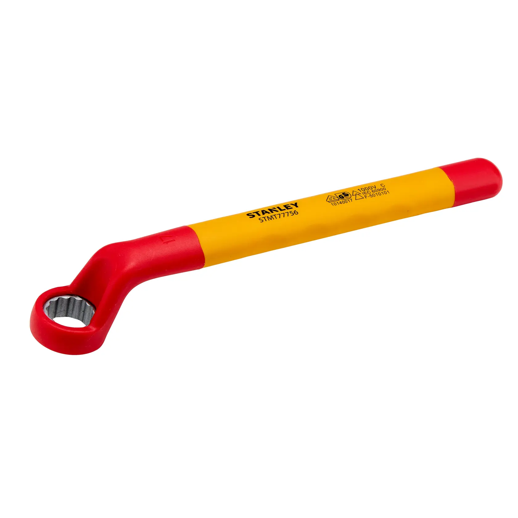 Chave estrela isolada STANLEY STMT77756-LA, vermelha e amarela, vista inclinada, em fundo branco.