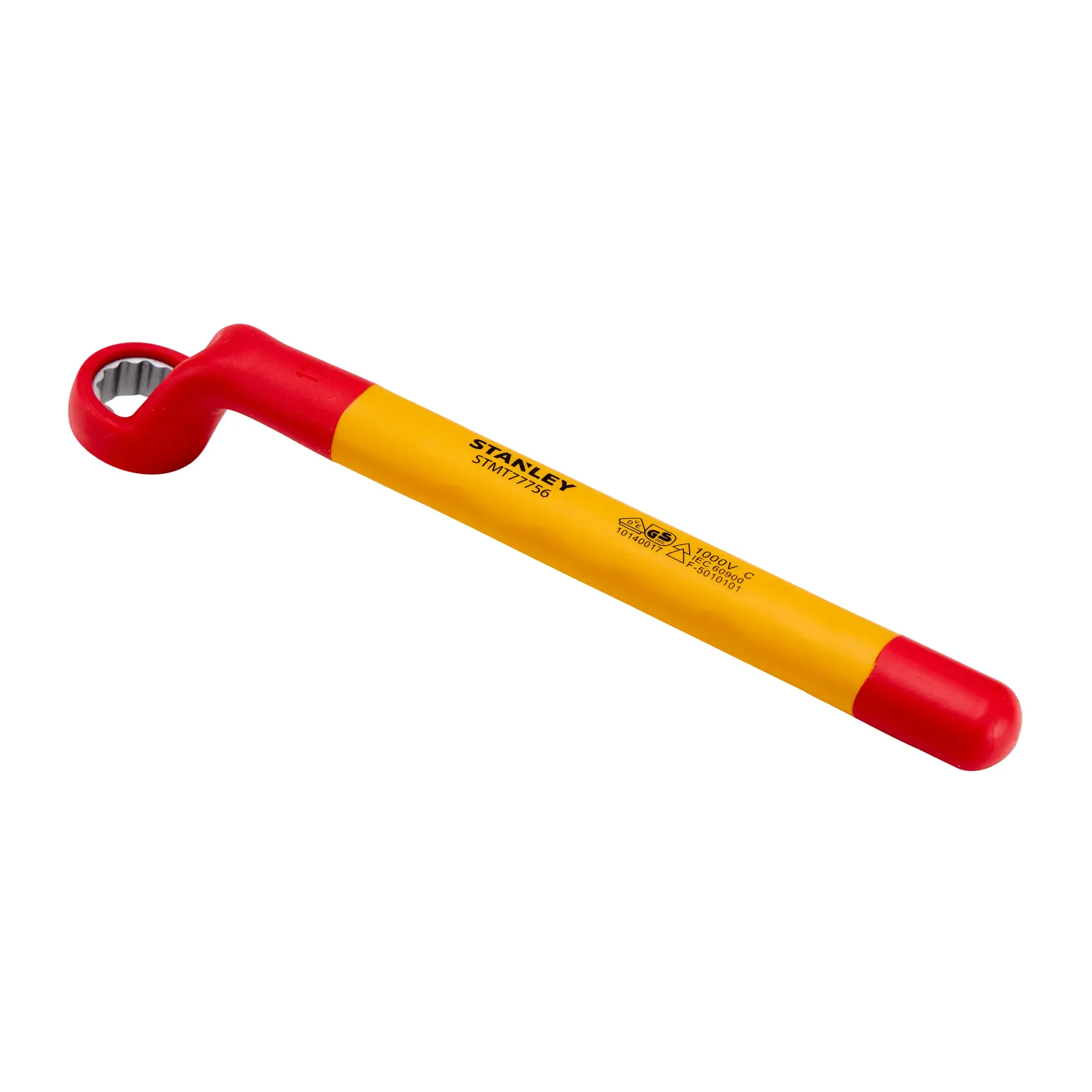 Chave estrela isolada STANLEY STMT77756-LA, cabo amarelo e vermelho, fotografia do produto em fundo branco.