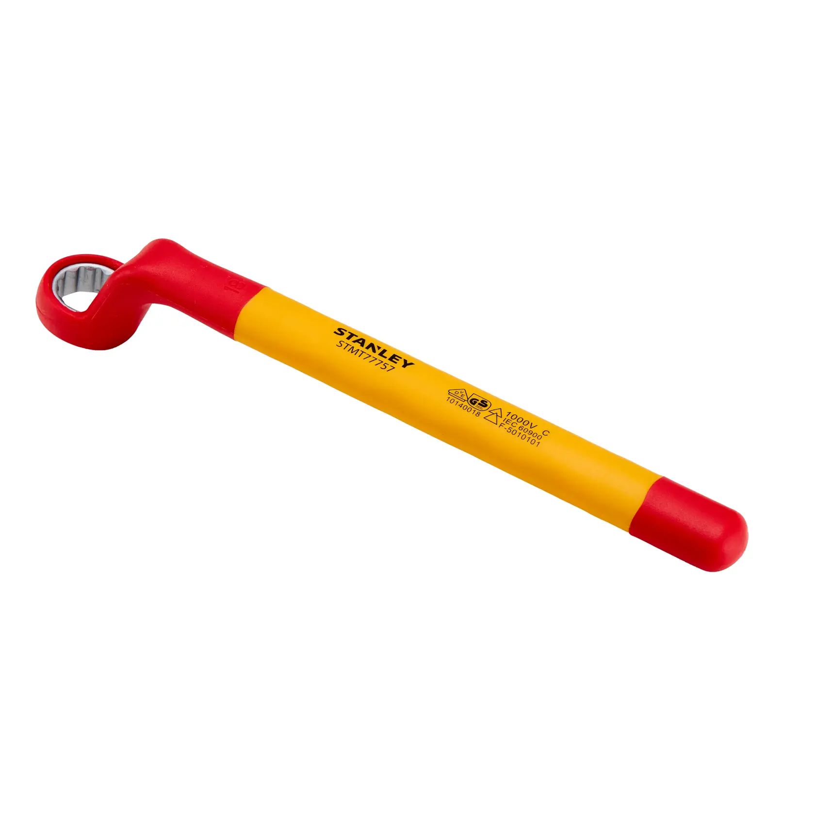 Stanley STMT77757-LA chave de caixa isolada, amarela e vermelha, fotografia, em ângulo sobre fundo branco