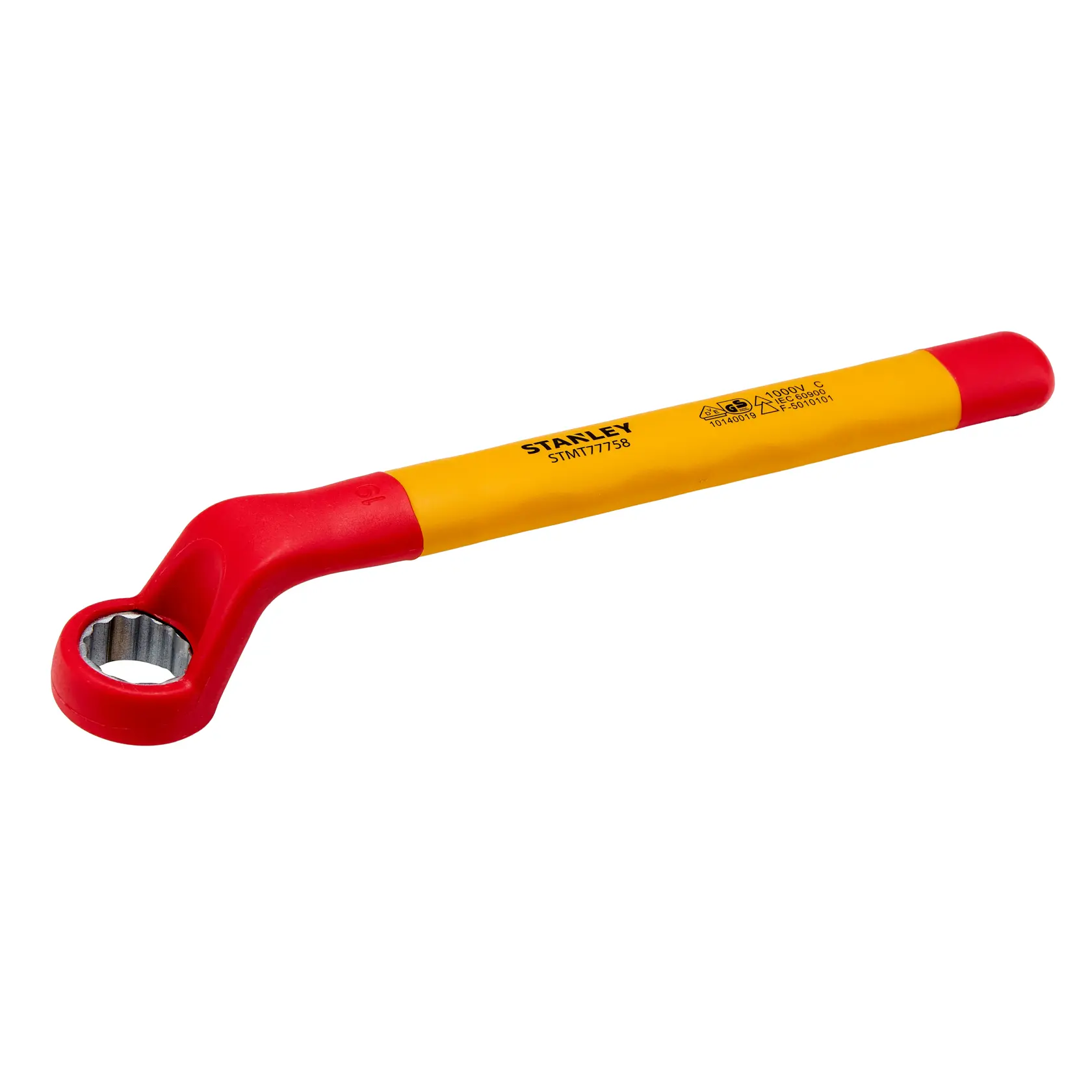 Chave estrela isolada STANLEY STMT77758-LA com cabo amarelo e extremidades vermelhas, design angular, vista lateral.