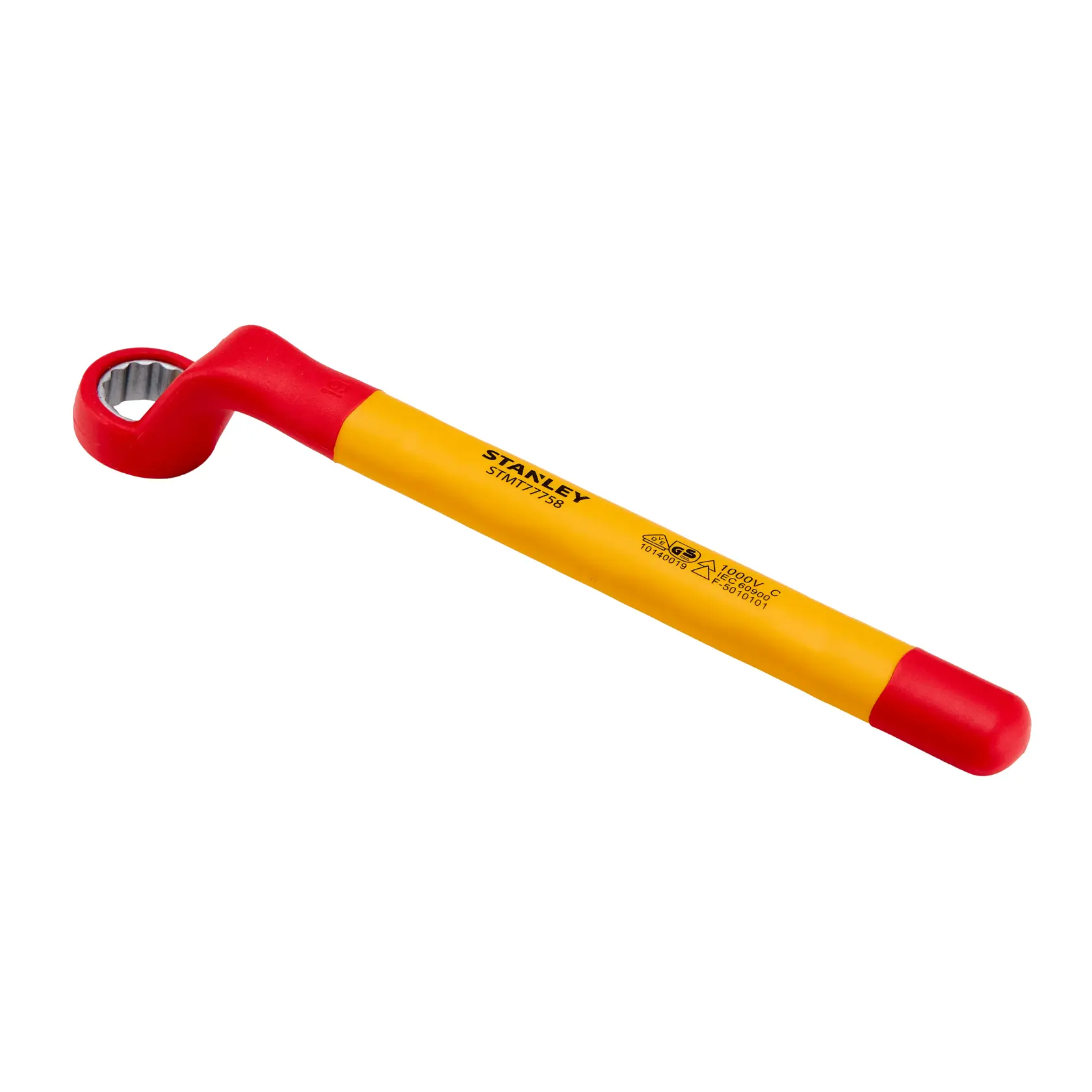 Chave estrela isolada STANLEY STMT77758-LA, amarela e vermelha, foto do produto em fundo branco.